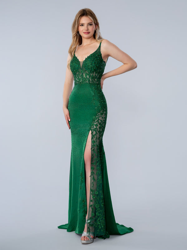 Stella Couture 26178 Slit Long Formal Lace Prom Dress