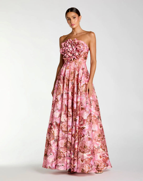 Strapless Curved Neck Floor-Length Satin Evening Gown A-Line Mac Duggal 2360