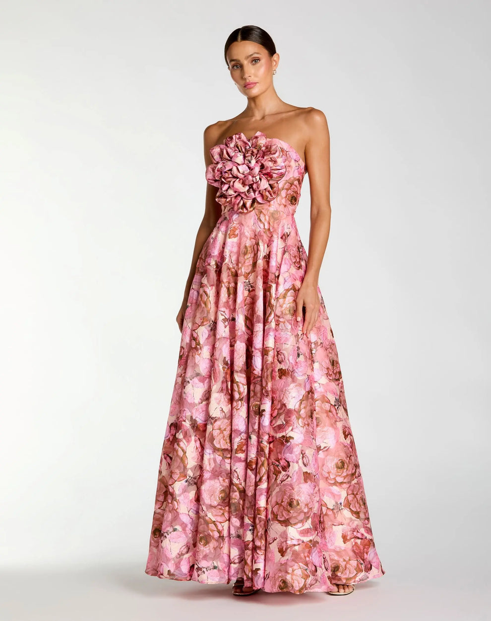 Strapless Curved Neck Floor-Length Satin Evening Gown A-Line Mac Duggal 2360