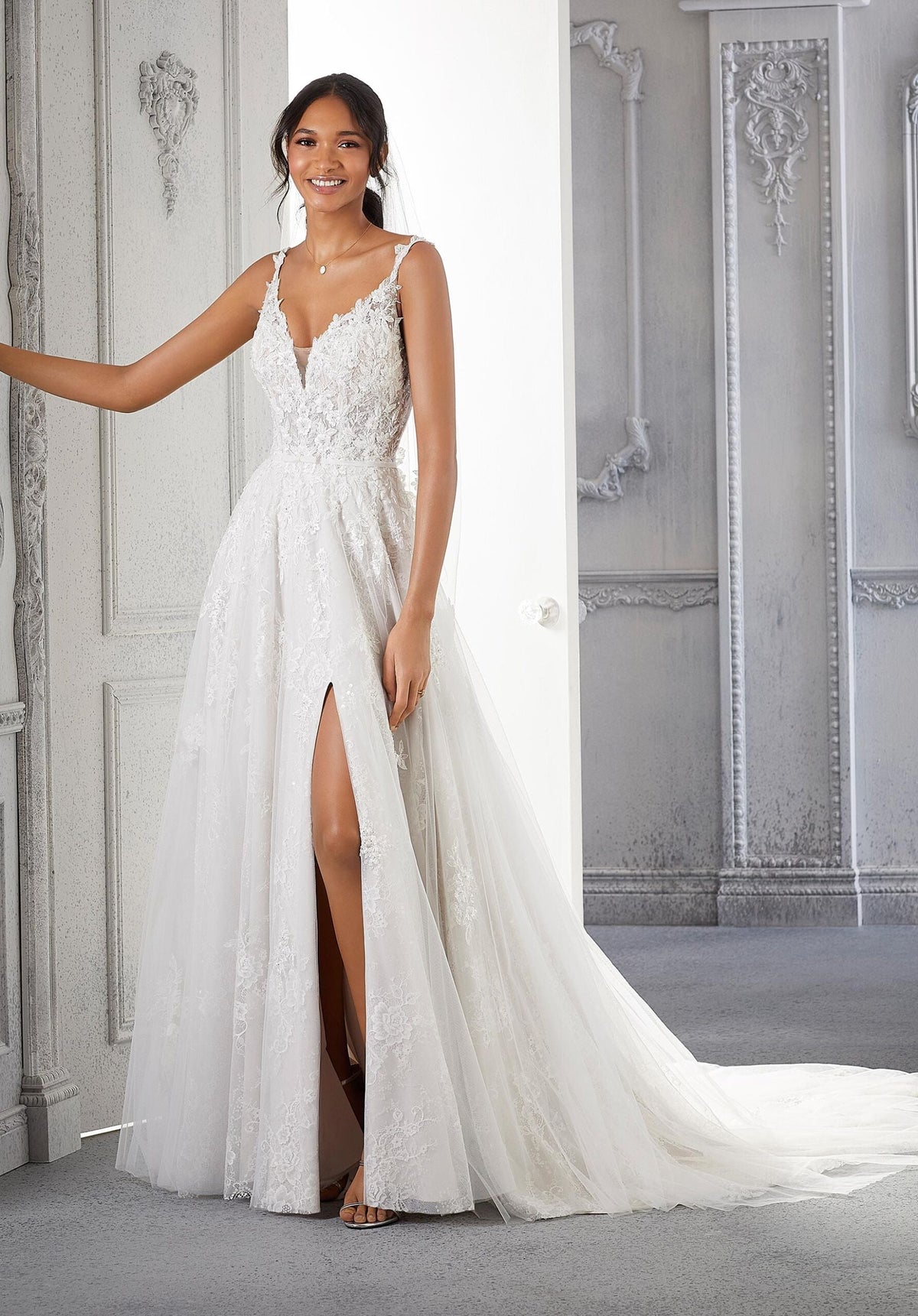 Wedding Dresses A Line Long Bridal Lace Wedding Dress MGNY Madeline Gardner New York 2363 Ivory/Almond/Honey