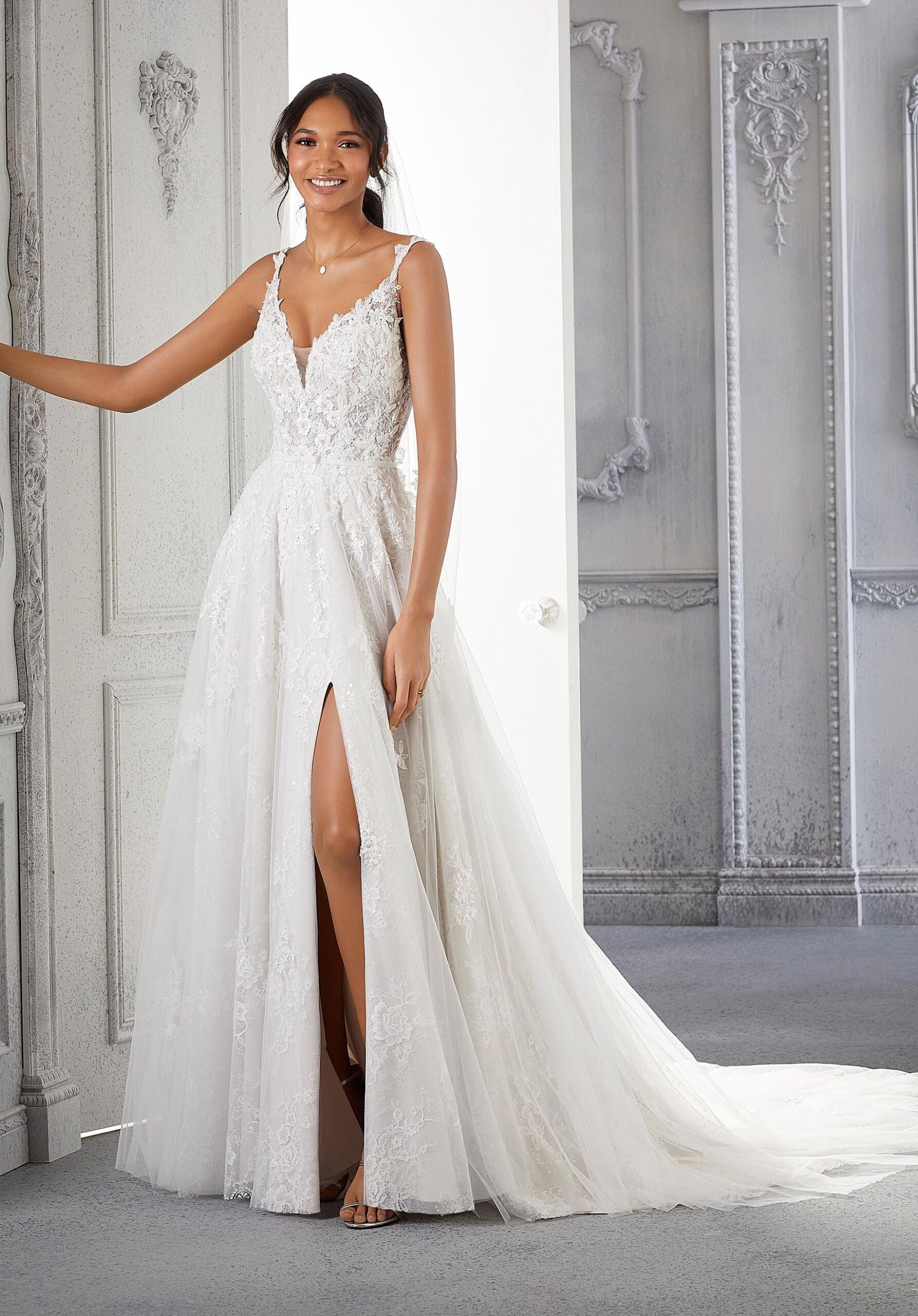 Wedding Dresses A Line Long Bridal Lace Wedding Dress MGNY Madeline Gardner New York 2363 Ivory/Almond/Honey