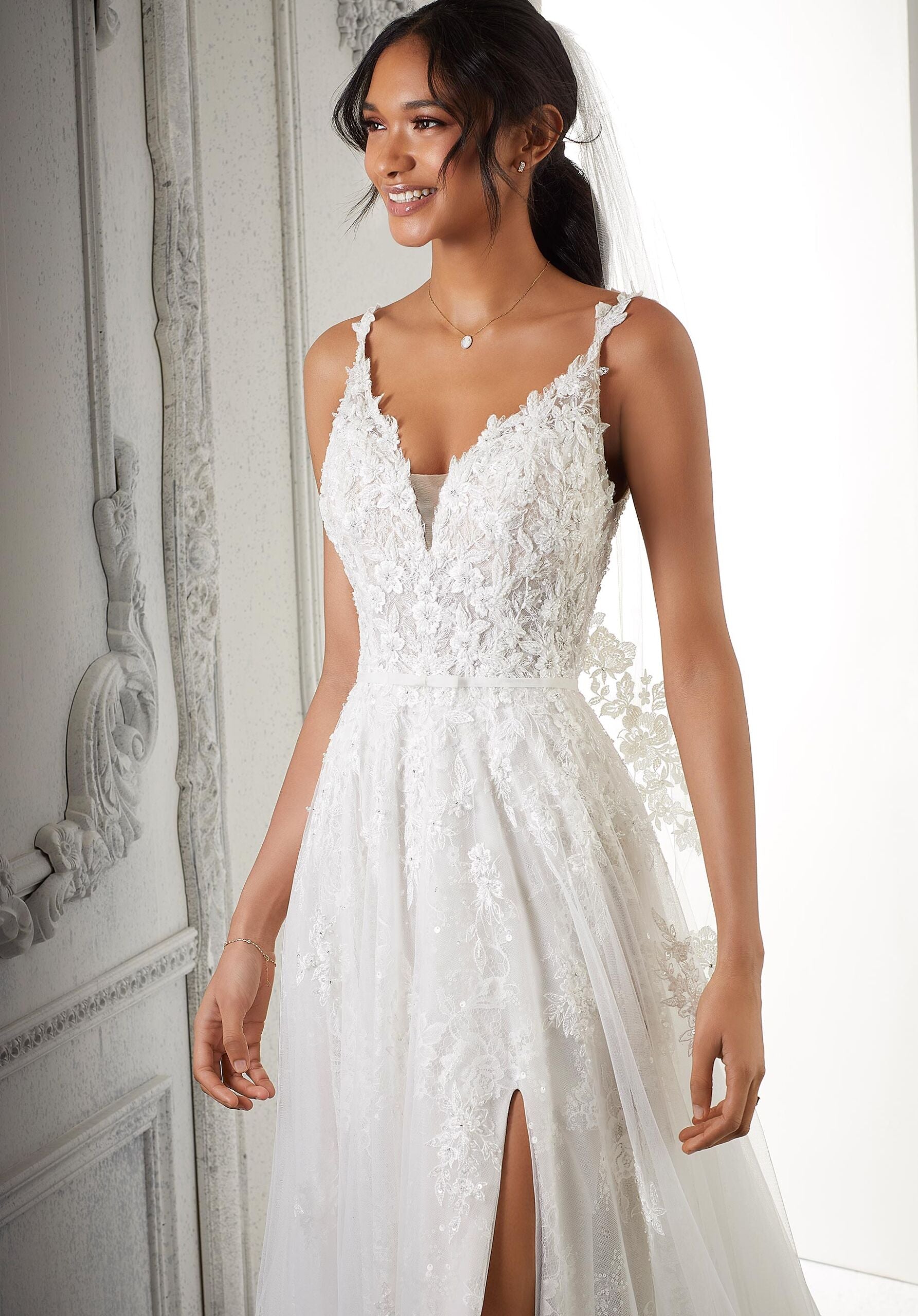 Wedding Dresses A Line Long Bridal Lace Wedding Dress MGNY Madeline Gardner New York 2363 Ivory/Almond/Honey
