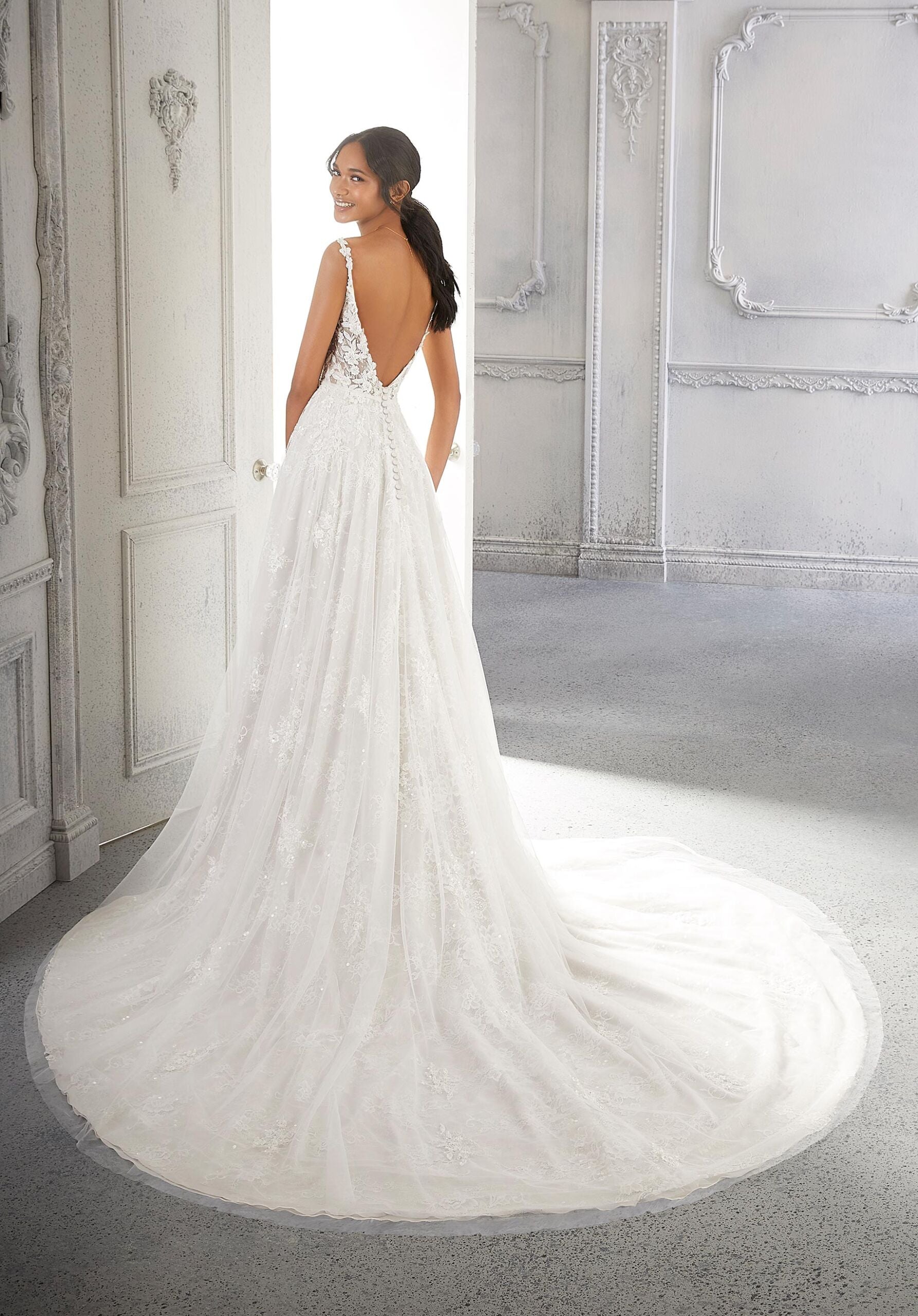Wedding Dresses A Line Long Bridal Lace Wedding Dress MGNY Madeline Gardner New York 2363 Ivory/Almond/Honey