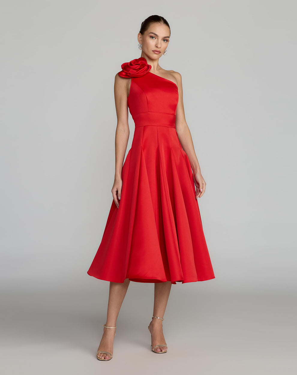 One-Shoulder Tea-Length Satin Cocktail A-Line Mac Duggal 2364