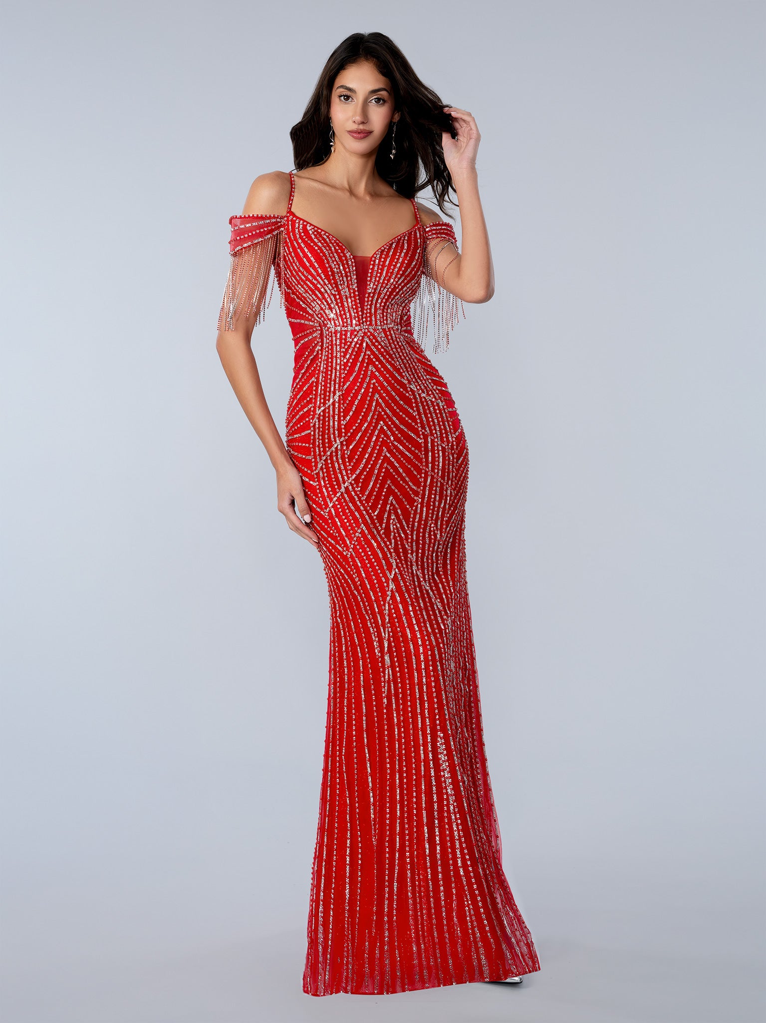 Prom Dresses Fitted Long Beaded Formal Prom Dress Red