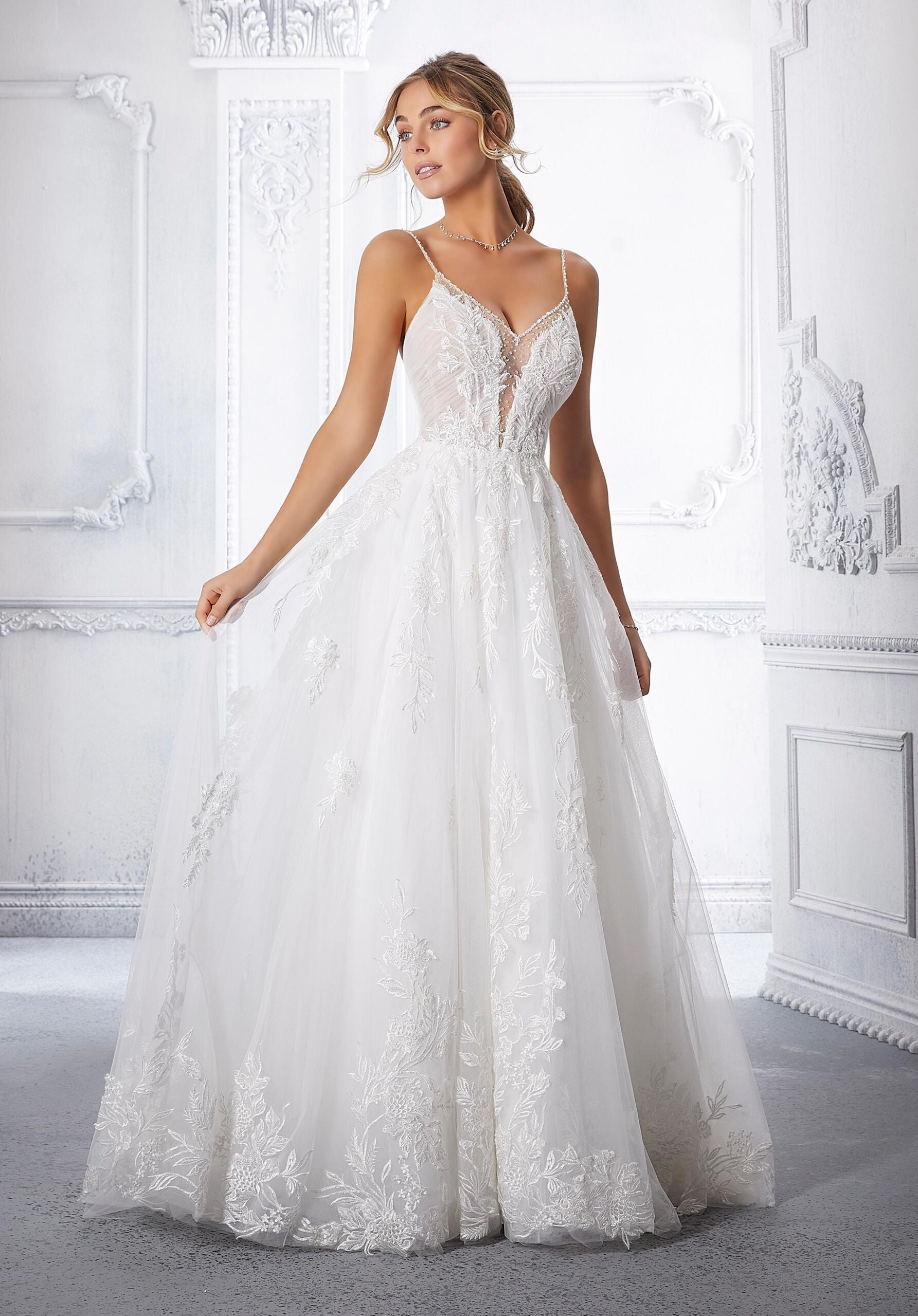 Wedding Dresses Long Lace Bridal A Line Wedding Dress MGNY Madeline Gardner New York 2370 Ivory/Rose/Honey