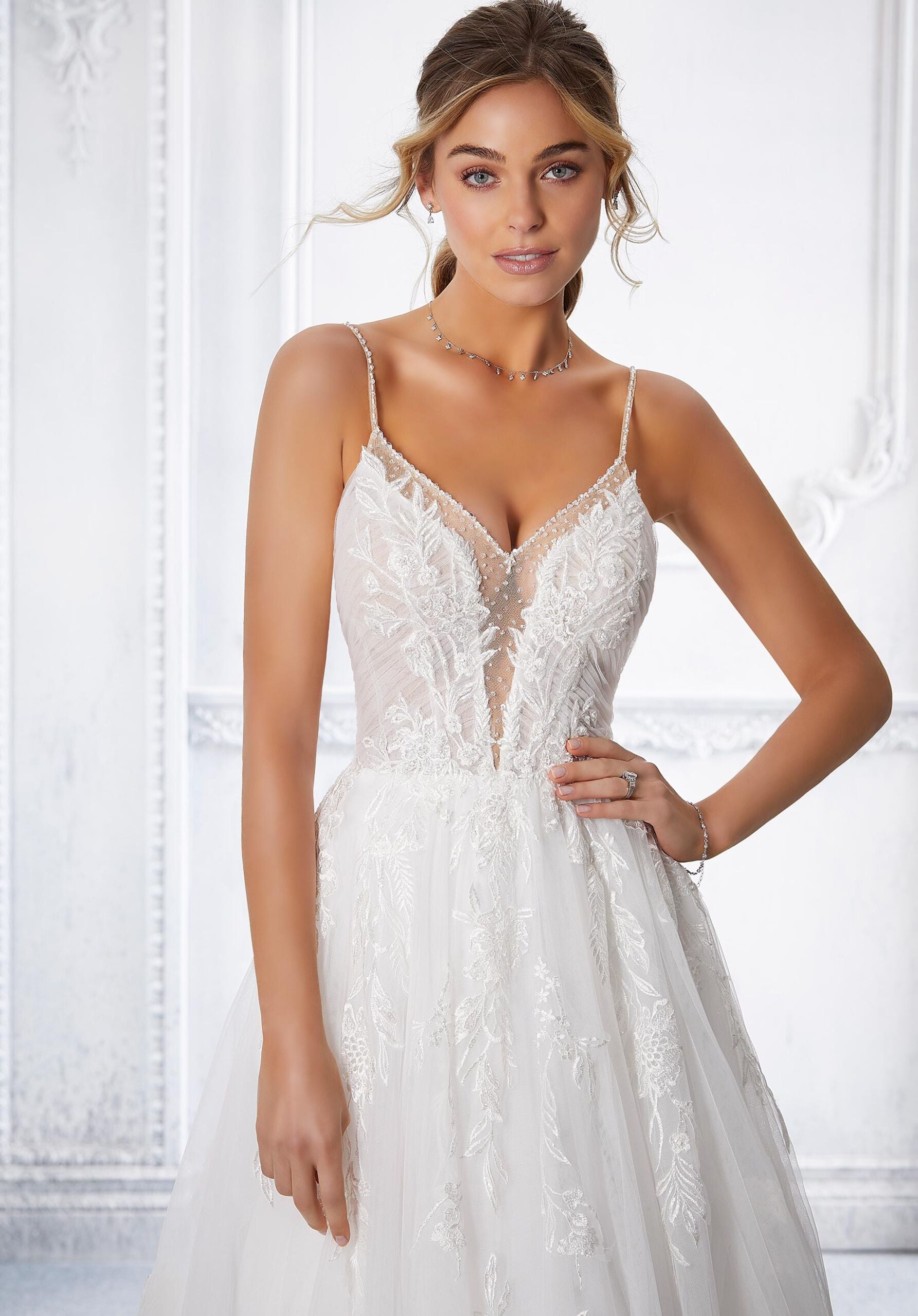 Wedding Dresses Long Lace Bridal A Line Wedding Dress MGNY Madeline Gardner New York 2370 Ivory/Rose/Honey