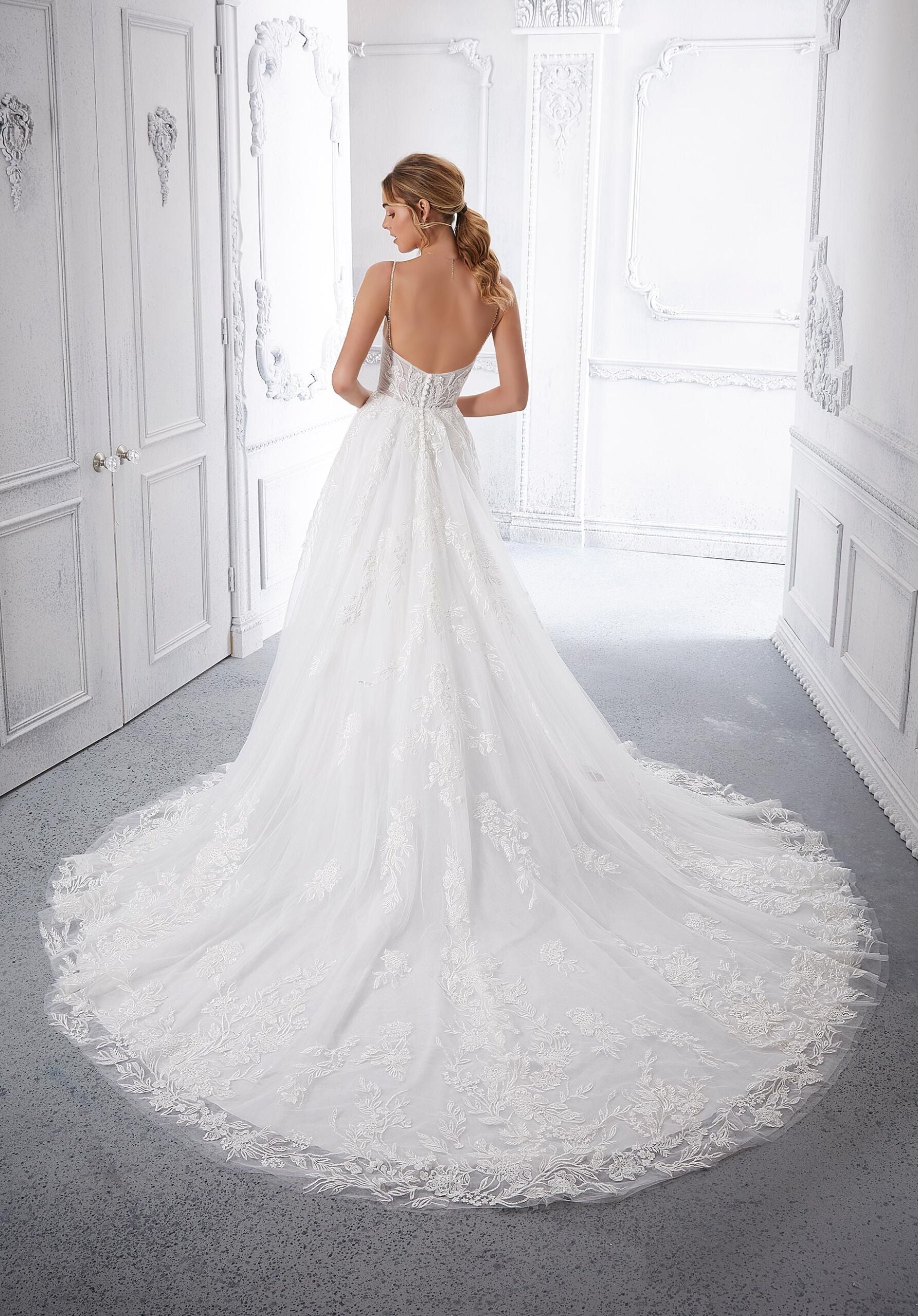 Wedding Dresses Long Lace Bridal A Line Wedding Dress MGNY Madeline Gardner New York 2370 Ivory/Rose/Honey