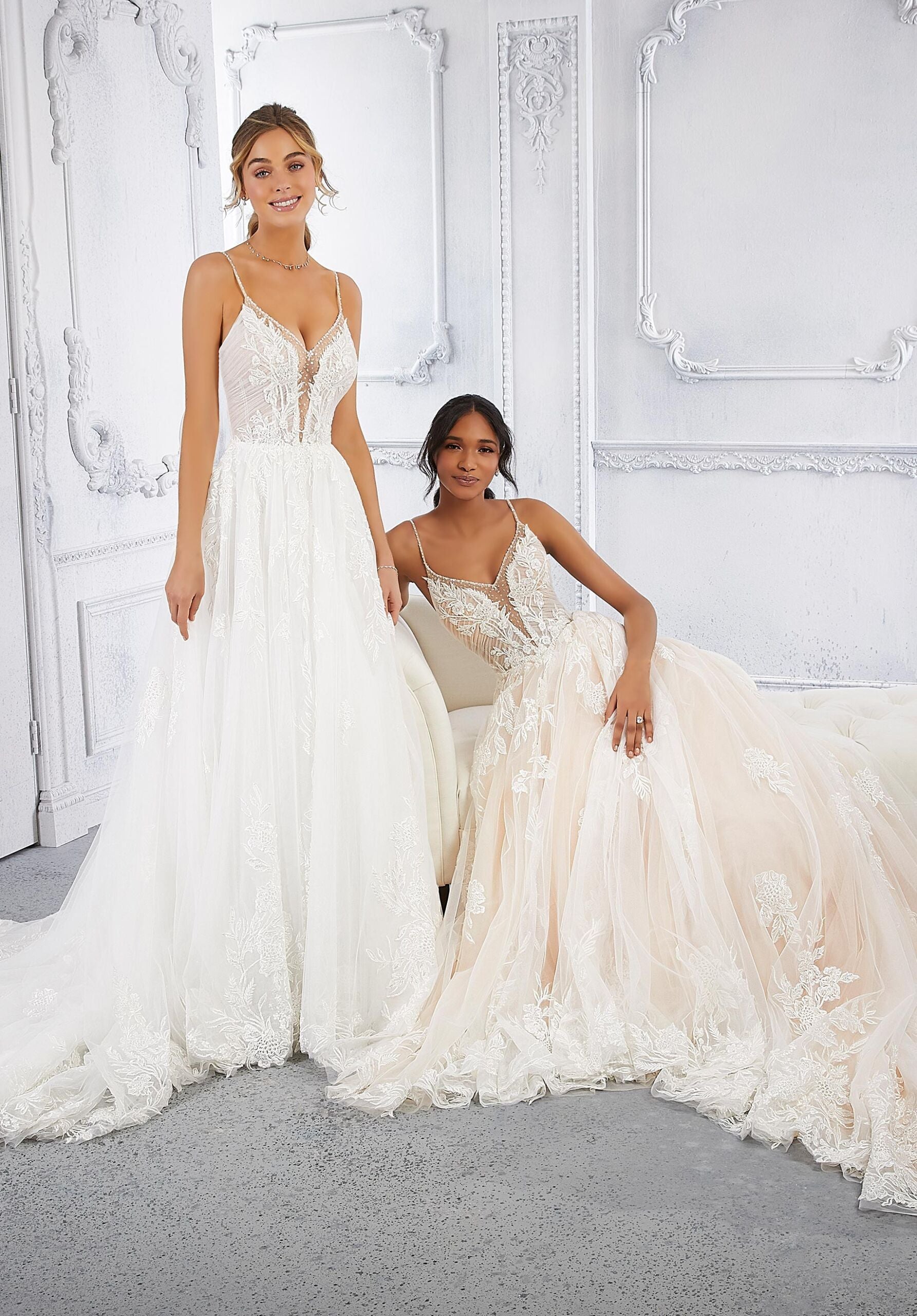 Wedding Dresses Long Lace Bridal A Line Wedding Dress MGNY Madeline Gardner New York 2370 Ivory/Porcelain