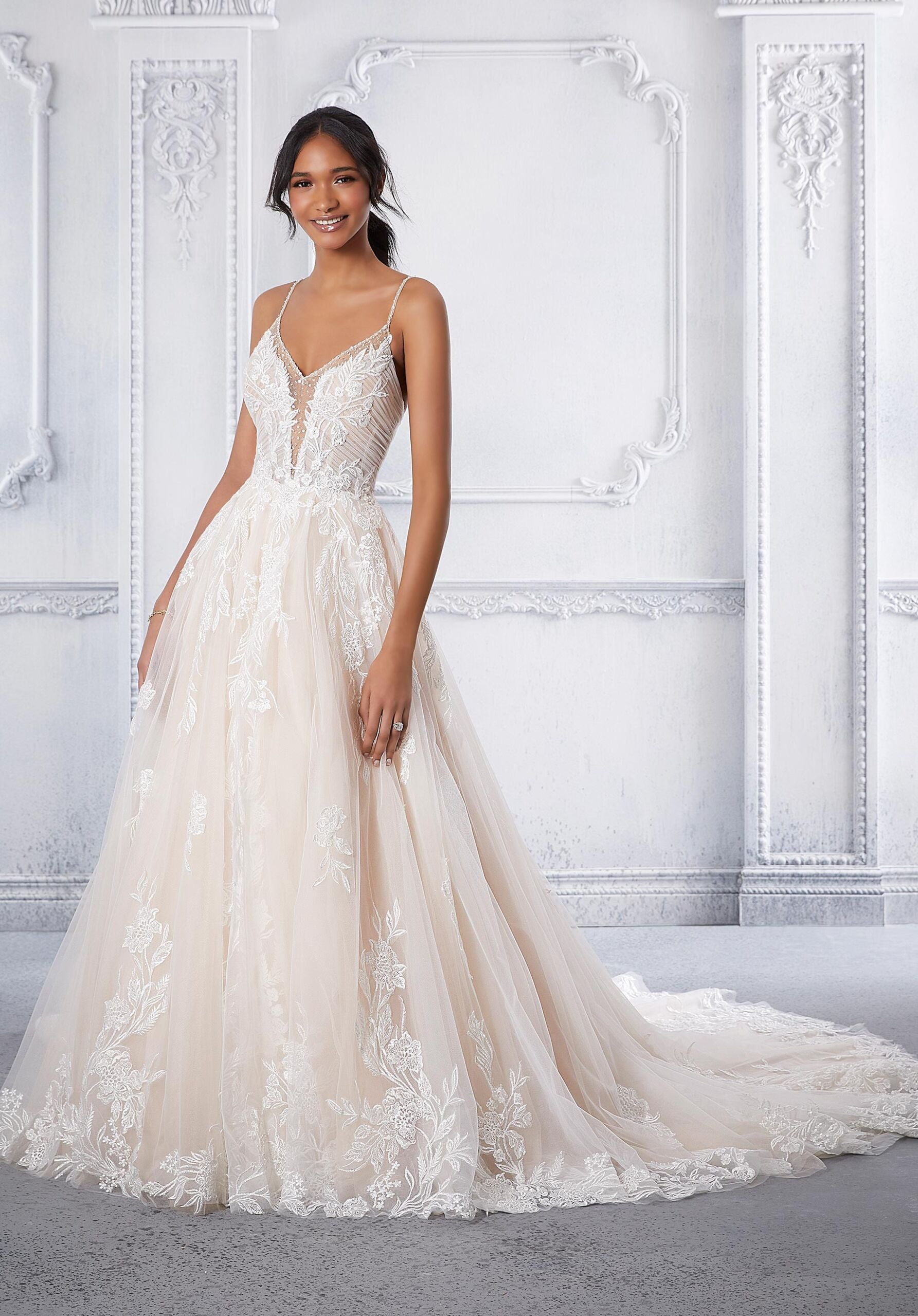 Wedding Dresses Long Lace Bridal A Line Wedding Dress MGNY Madeline Gardner New York 2370 Ivory/Porcelain