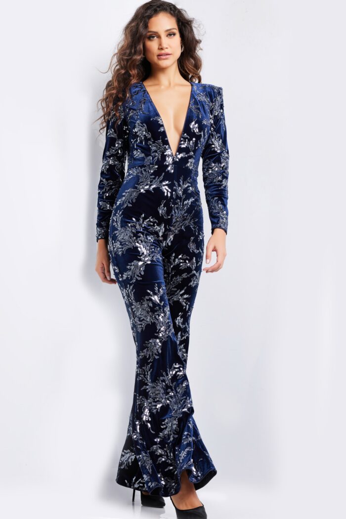 Jumpsuit Long Beaded Formal Velvet Jumpsuit Navy