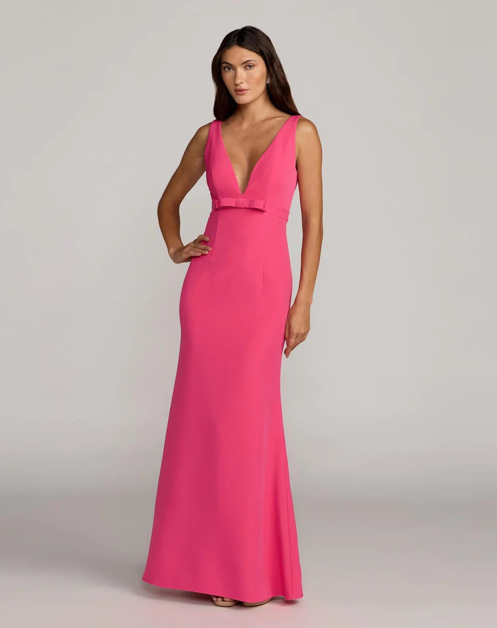 V-Neck Floor-Length Crepe Formal Dress by Mac Duggal 992371P in Hot Pink