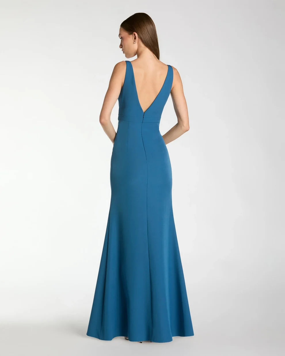 V-Neck Floor-Length Crepe Formal Dress by Mac Duggal 992371P in Ocean