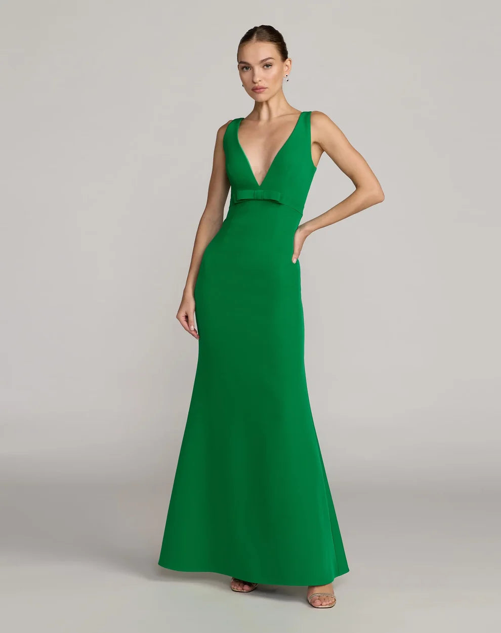 V-Neck Floor-Length Crepe Formal Dress by Mac Duggal 992371P in Spring Green