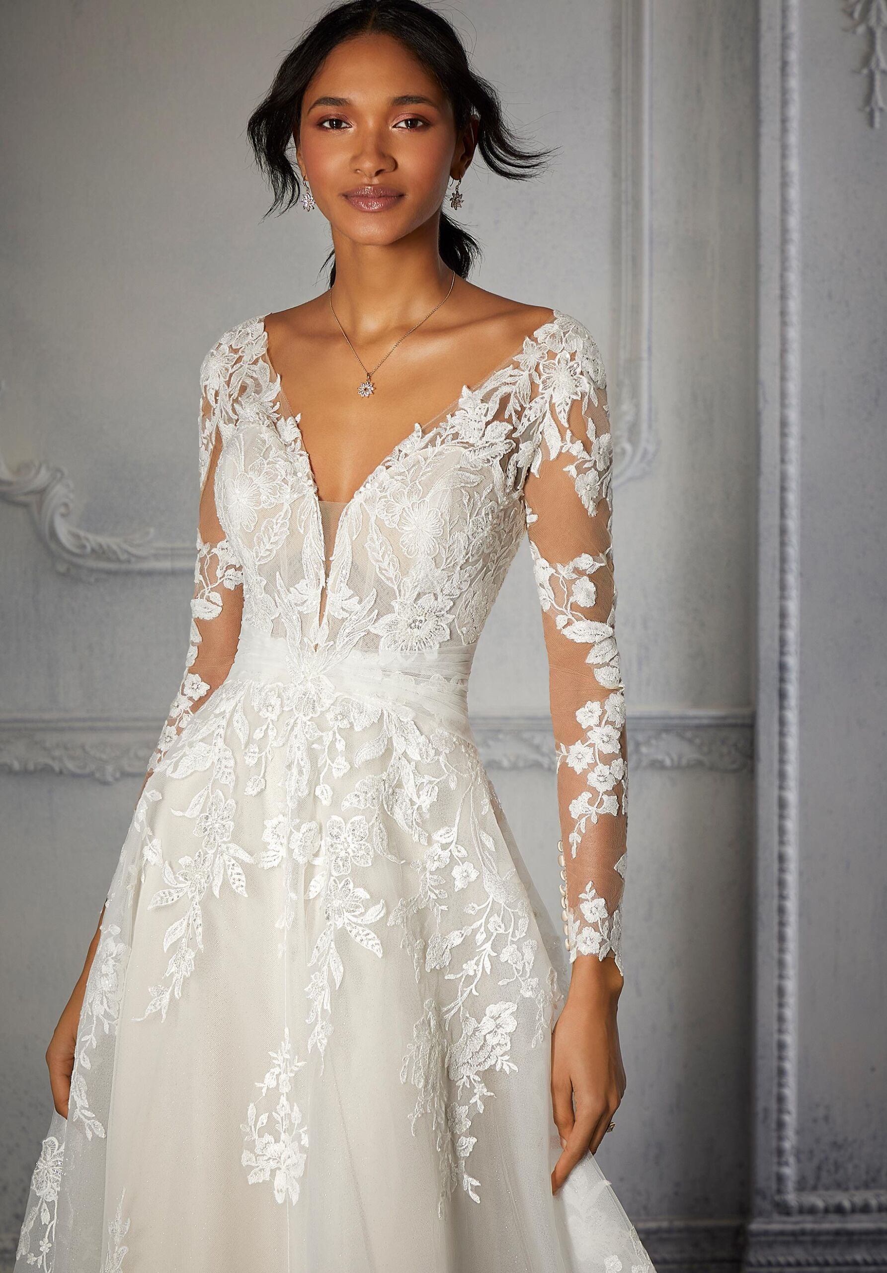 Wedding Dresses Long Sleeve Lace Wedding Bridal Gown MGNY Madeline Gardner New York 2372 Ivory/Champagne/Honey