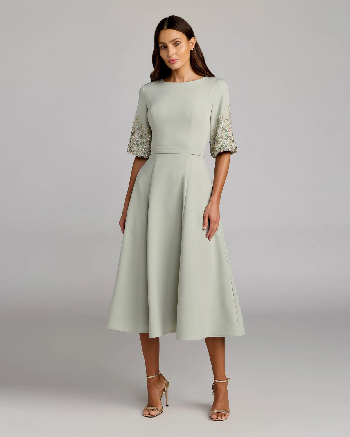 Sage Tea Length Cocktail Dress with Beaded Sleeves