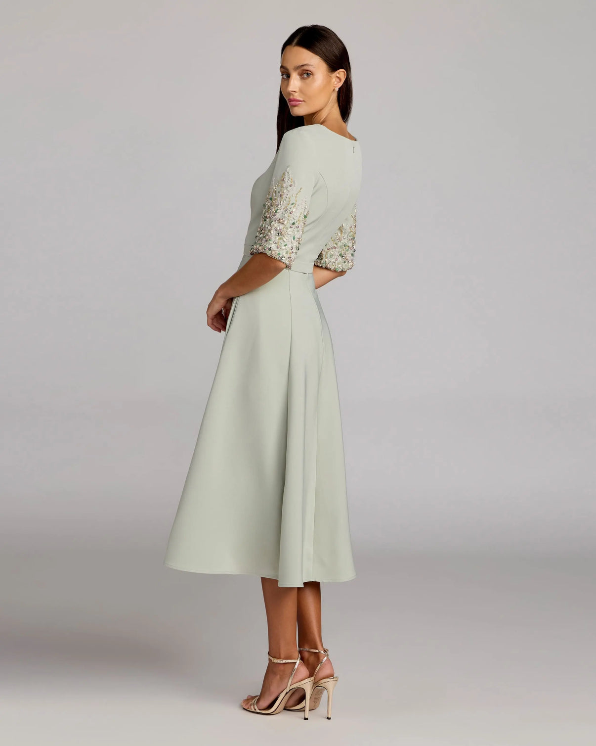 Jewel Neck Tea Length Crepe Cocktail Dress by Mac Duggal 2372 in Sage