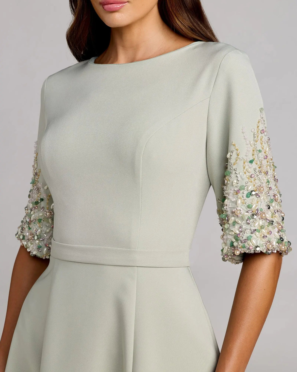 Jewel Neck Tea Length Crepe Cocktail Dress by Mac Duggal 2372 in Sage
