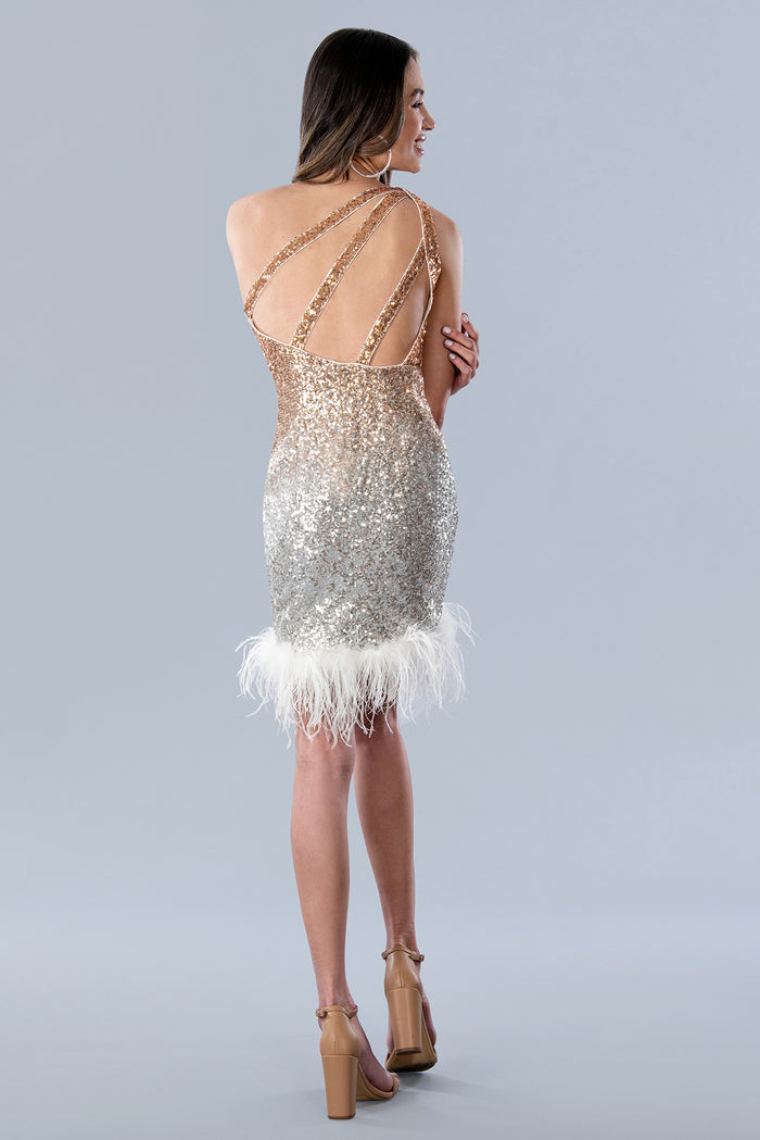 Cocktail Dresses Fitted Short Ombre Homecoming Feather Sequin Dress Silver