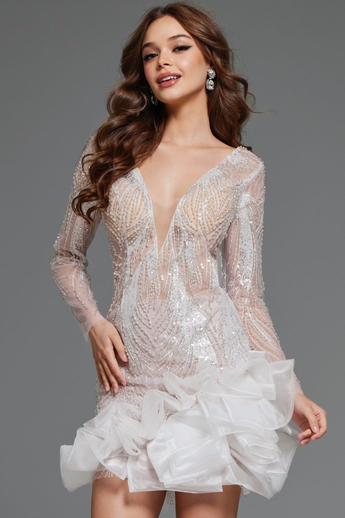 Cocktail Dresses Short Beaded Sequin Ruffle Cocktail Dress Off-White