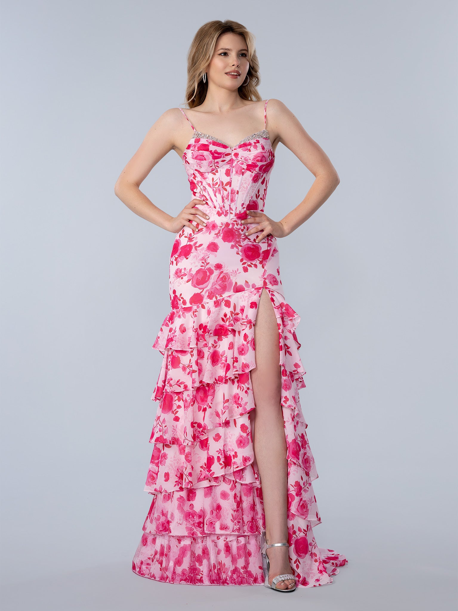 Prom Dresses Long Formal Ruffle Print Prom Dress Pink