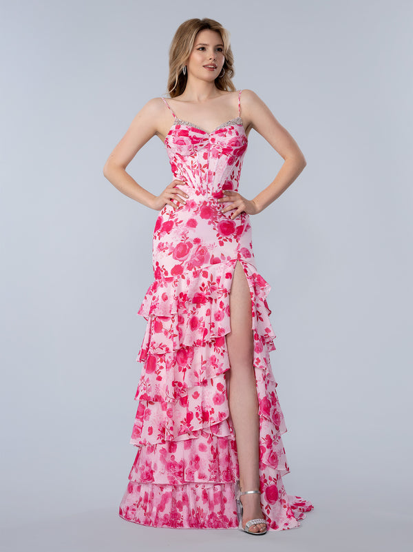 Stella Couture 26150 Long Formal Ruffle Print Prom Dress