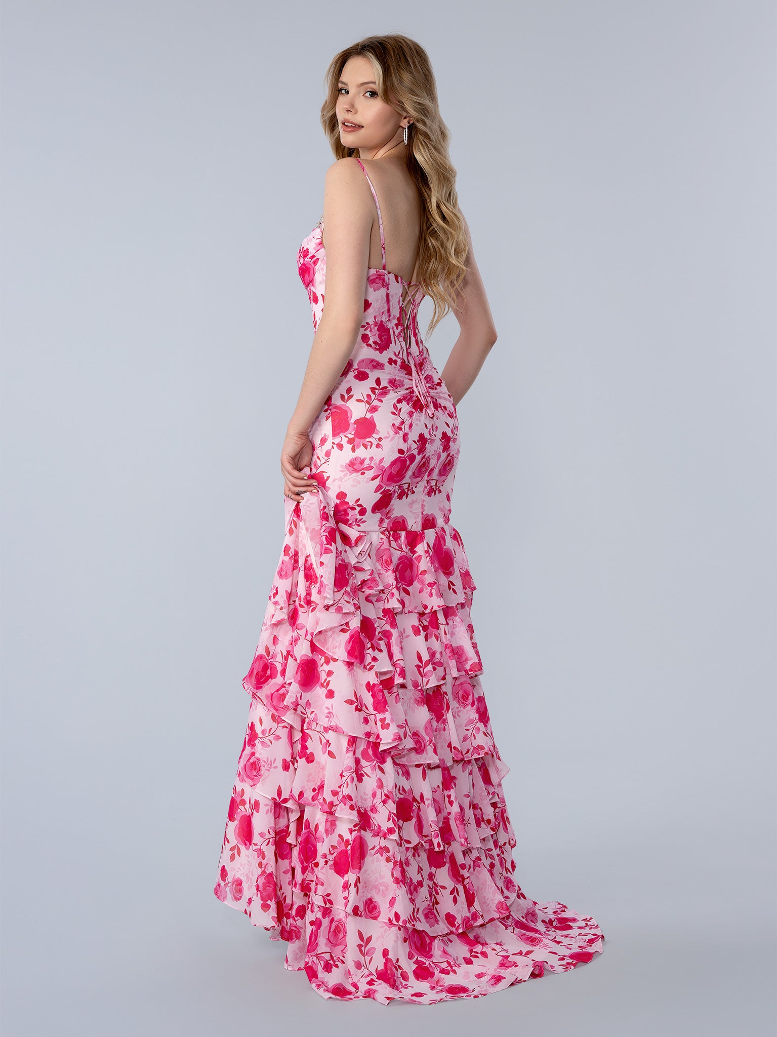 Prom Dresses Long Formal Ruffle Print Prom Dress Pink