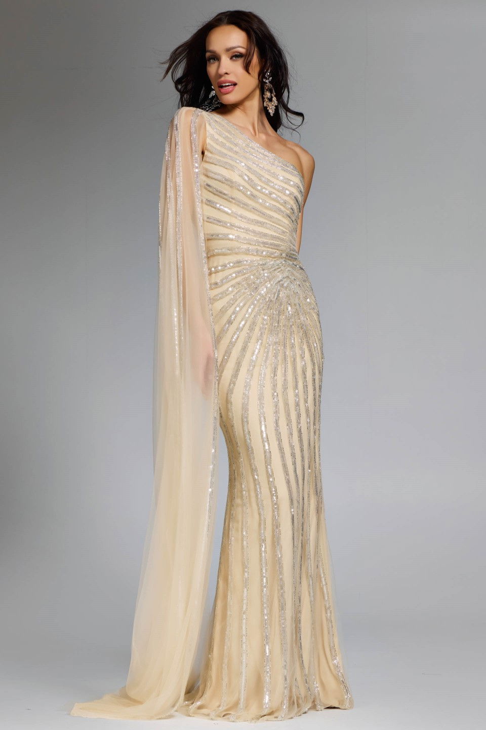Formal Dresses Cape Long Sequin Fitted Formal Dress Jovani 23774 Nude