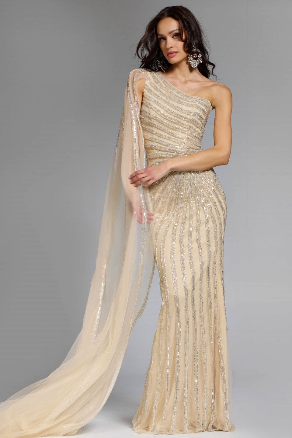 Formal Dresses Cape Long Sequin Fitted Formal Dress Jovani 23774 Nude