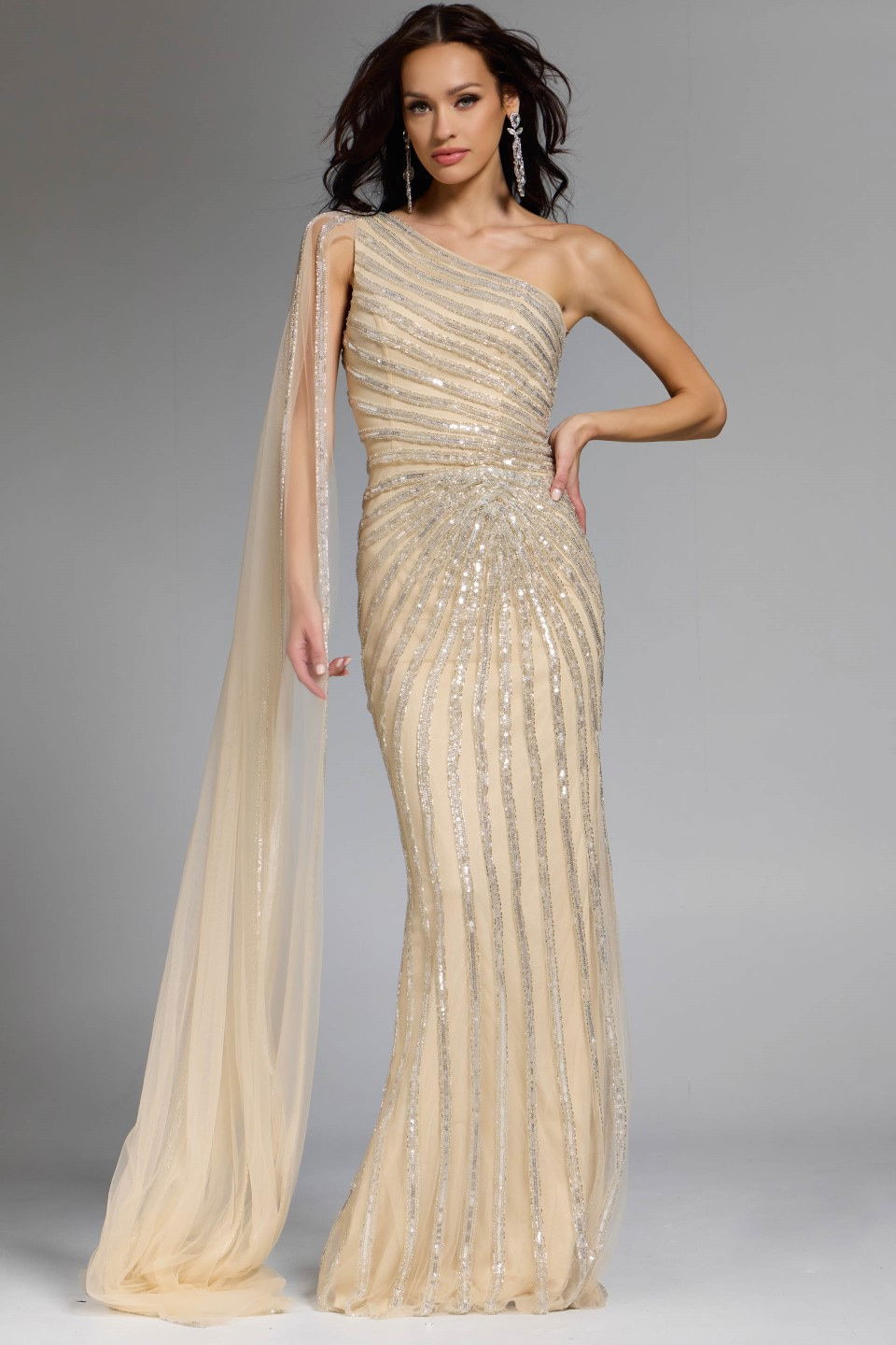 Formal Dresses Cape Long Sequin Fitted Formal Dress Jovani 23774 Nude
