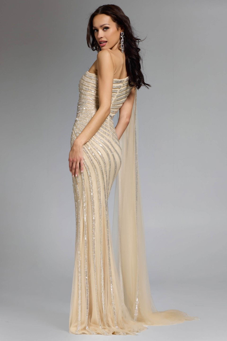 Formal Dresses Cape Long Sequin Fitted Formal Dress Jovani 23774 Nude