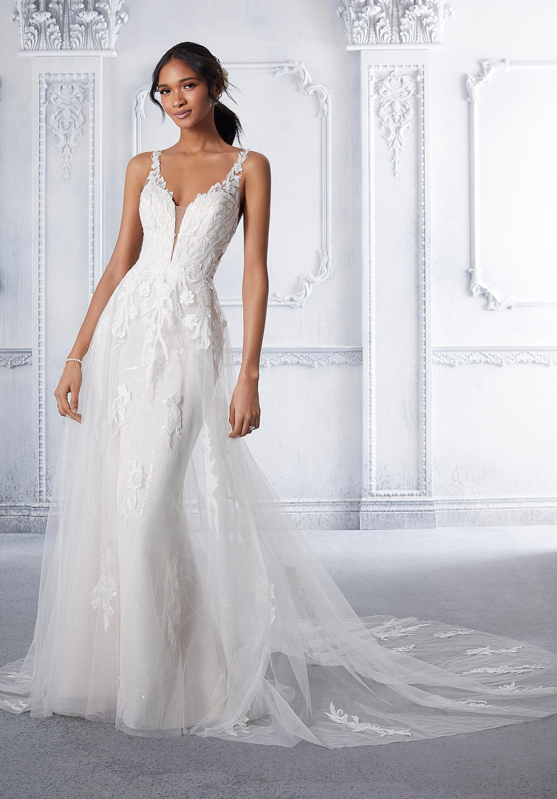 Wedding Dresses Long Sequin Lace Wedding Bridal Dress MGNY Madeline Gardner New York 2378 Ivory/Rose/Honey