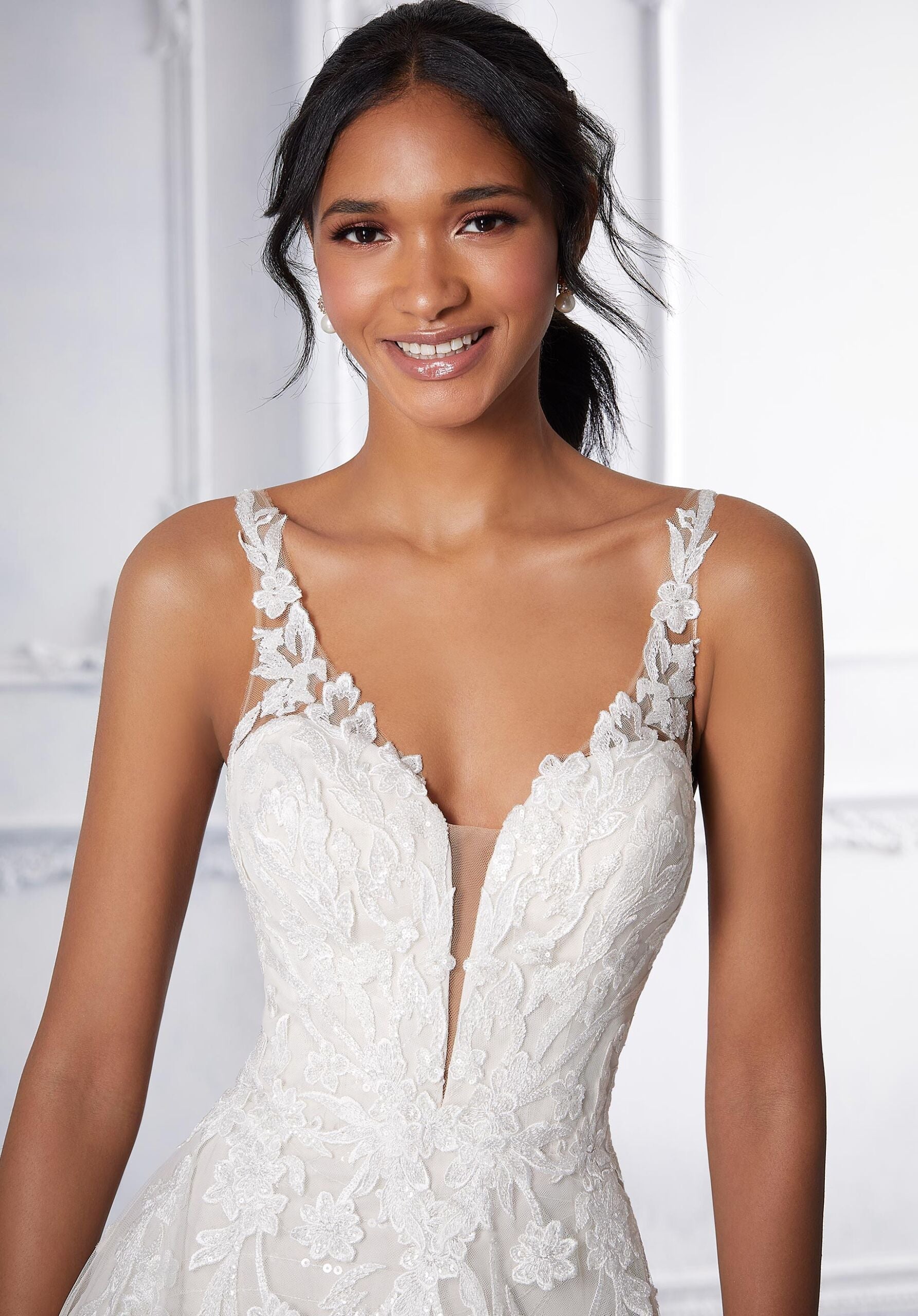 Wedding Dresses Long Sequin Lace Wedding Bridal Dress MGNY Madeline Gardner New York 2378 Ivory/Rose/Honey