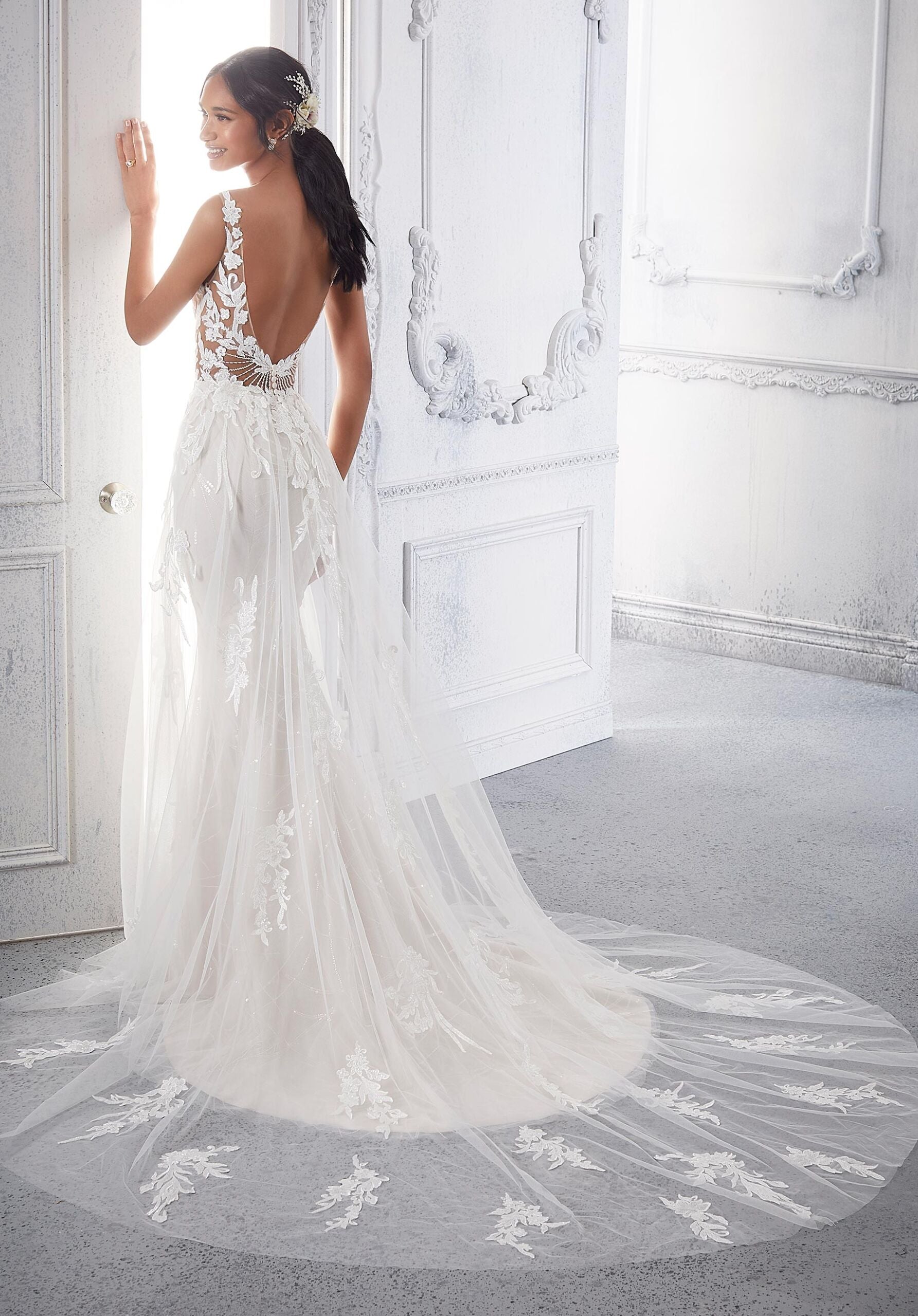 Wedding Dresses Long Sequin Lace Wedding Bridal Dress MGNY Madeline Gardner New York 2378 Ivory/Rose/Honey