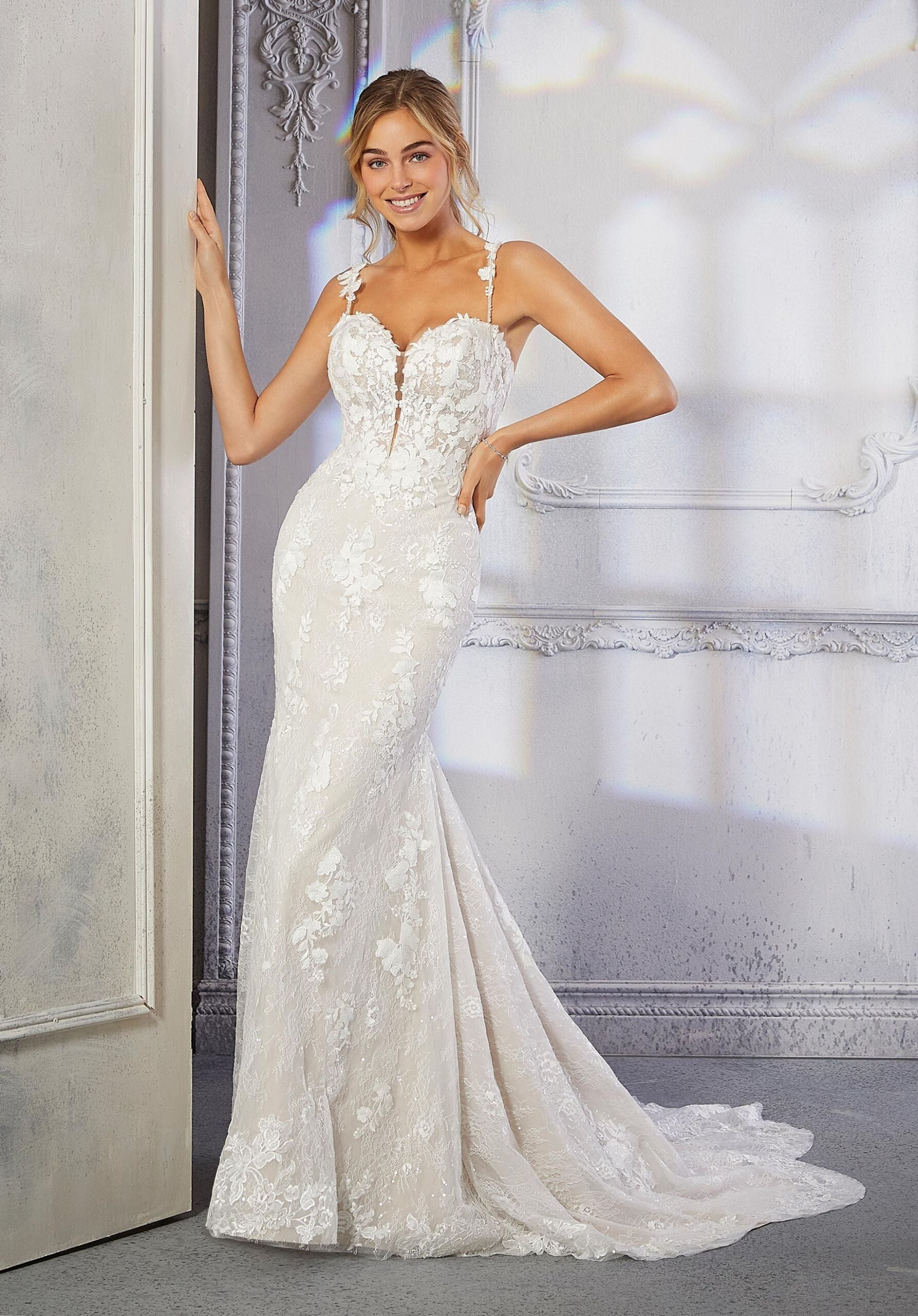 Long Beaded Lace Applique Wedding Dress MGNY Madeline Gardner New York 2379