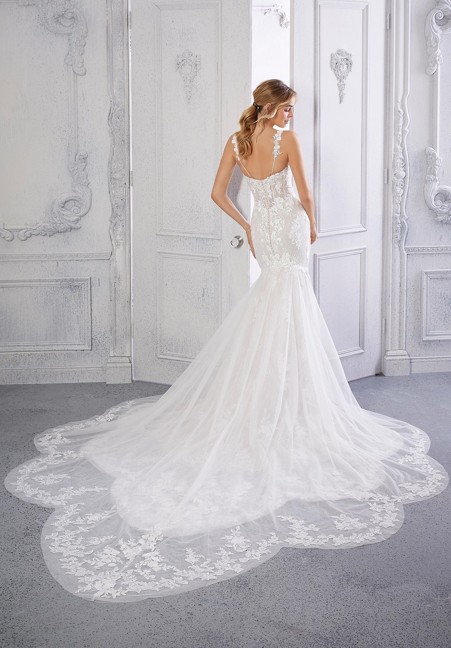 Wedding Dresses Long Beaded Lace Applique Wedding Dress MGNY Madeline Gardner New York 2379 Ivory/Cappuccino/Honey