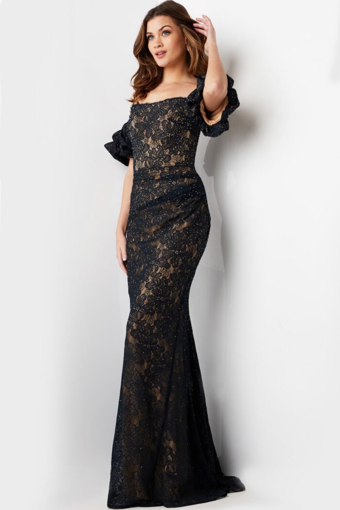 Formal Dresses Beaded Long Ruffle Sleeve Formal Dress Navy