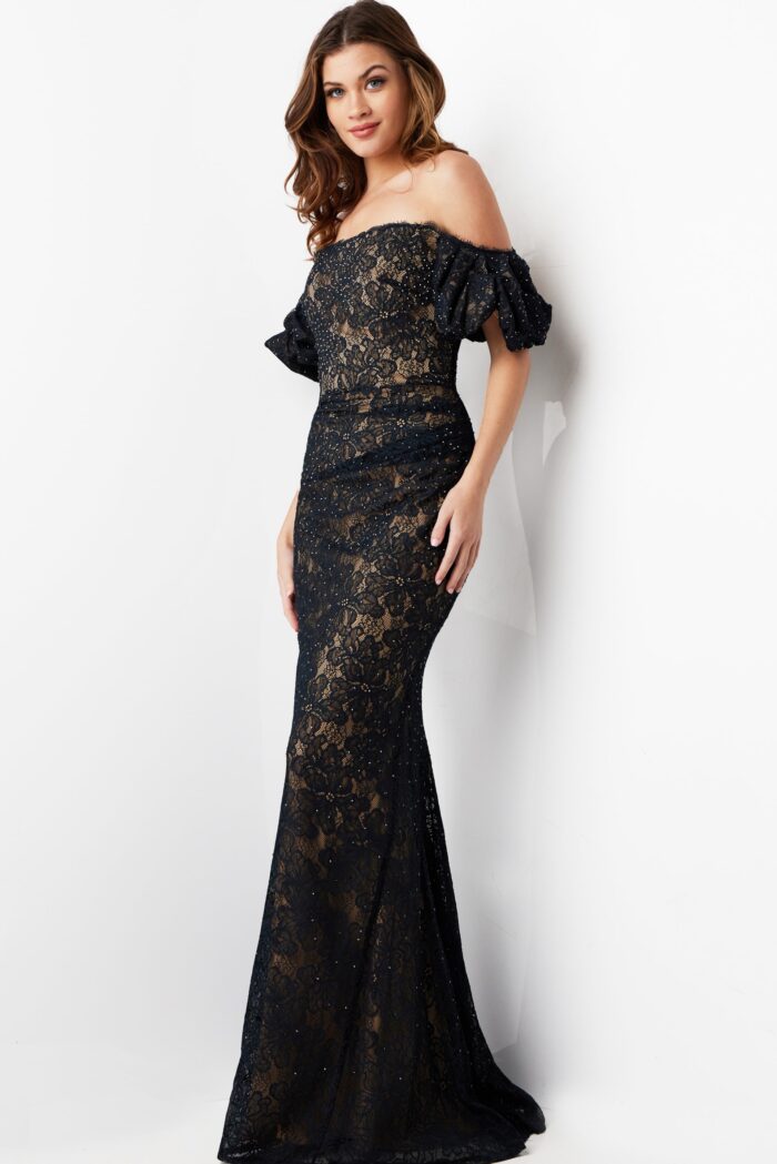 Formal Dresses Beaded Long Ruffle Sleeve Formal Dress Navy