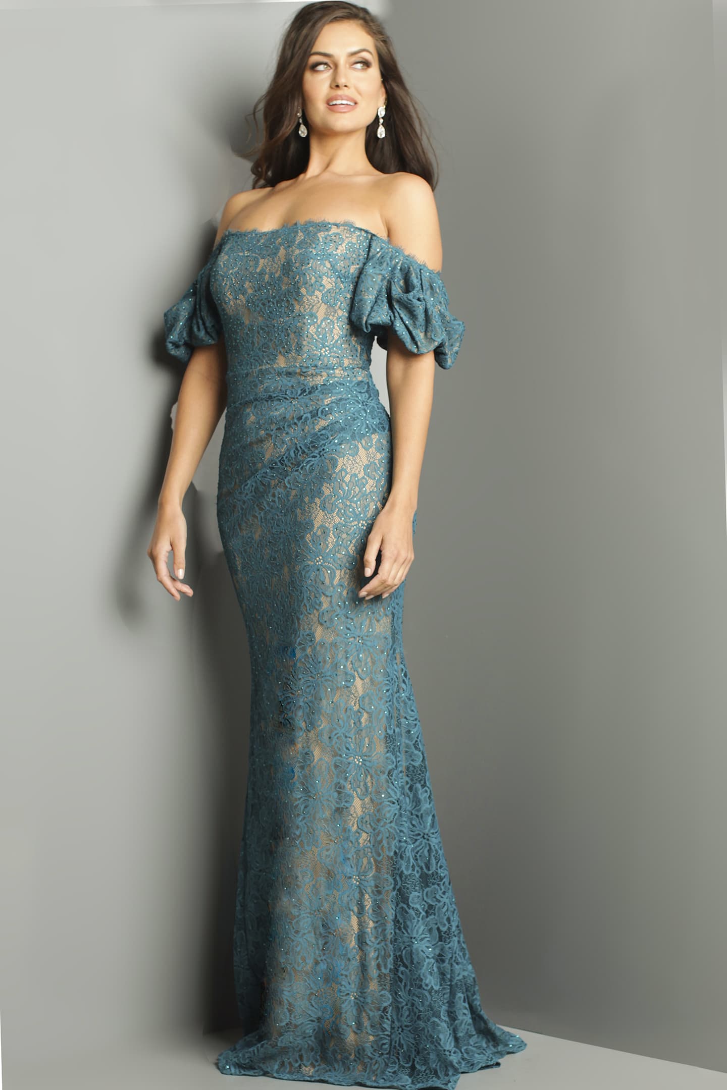 Formal Dresses Beaded Long Ruffle Sleeve Formal Dress Dark Teal