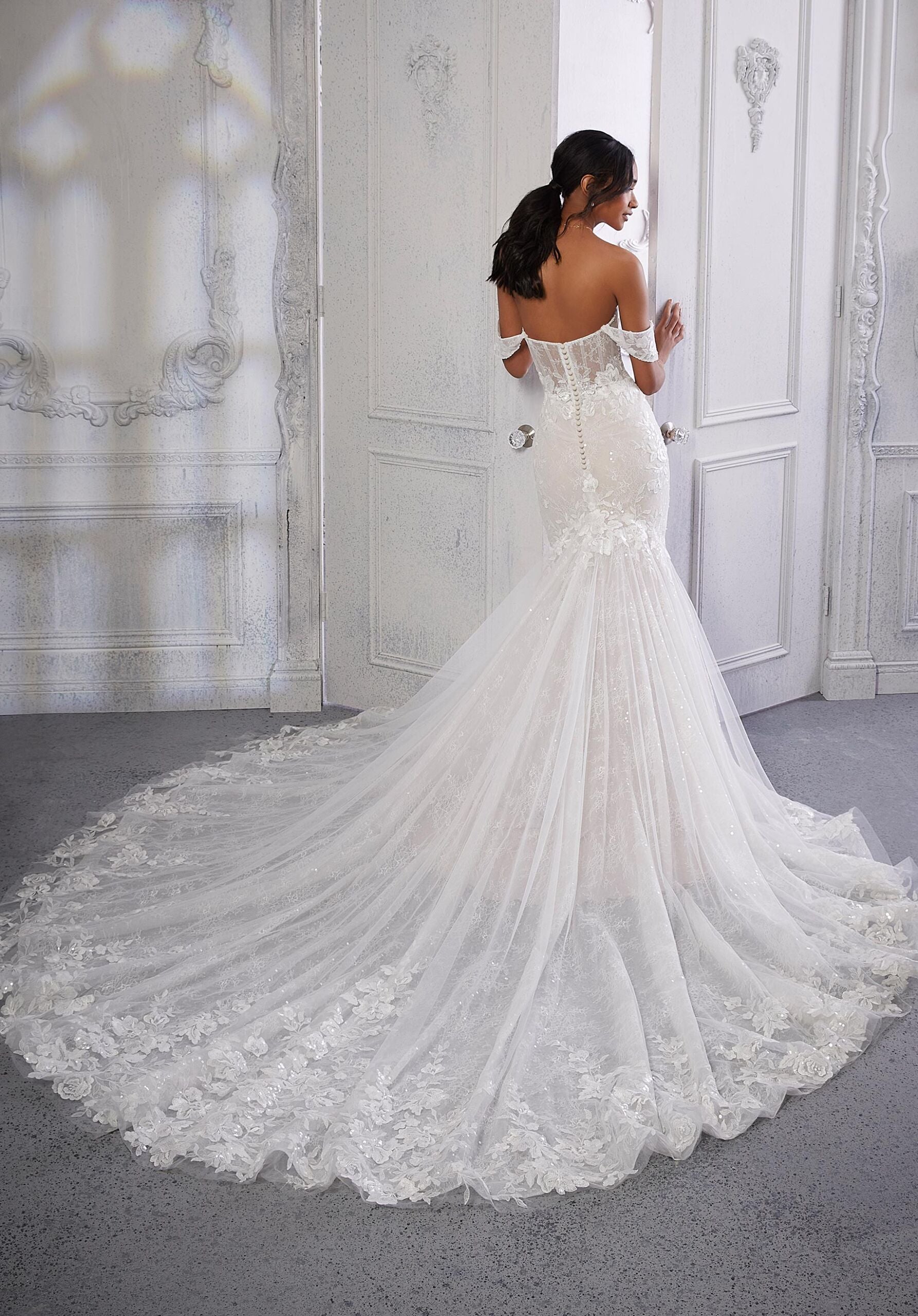 Wedding Dresses Long Sequin Lace Applique Wedding Dress MGNY Madeline Gardner New York 2386 Ivory/Cappuccino/Honey