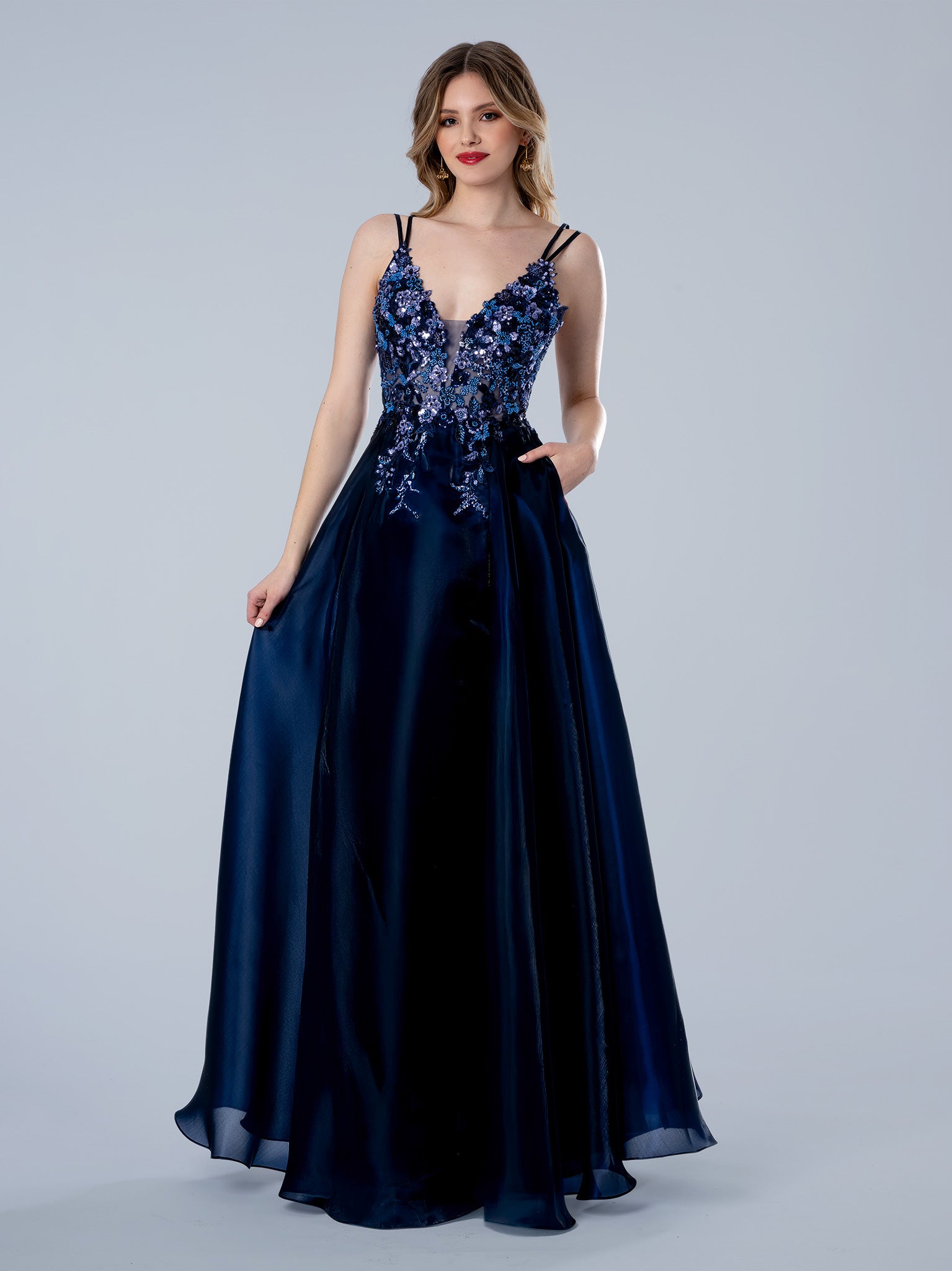 Prom Dresses Floral Long Formal Beaded Sequin Prom Dress Navy