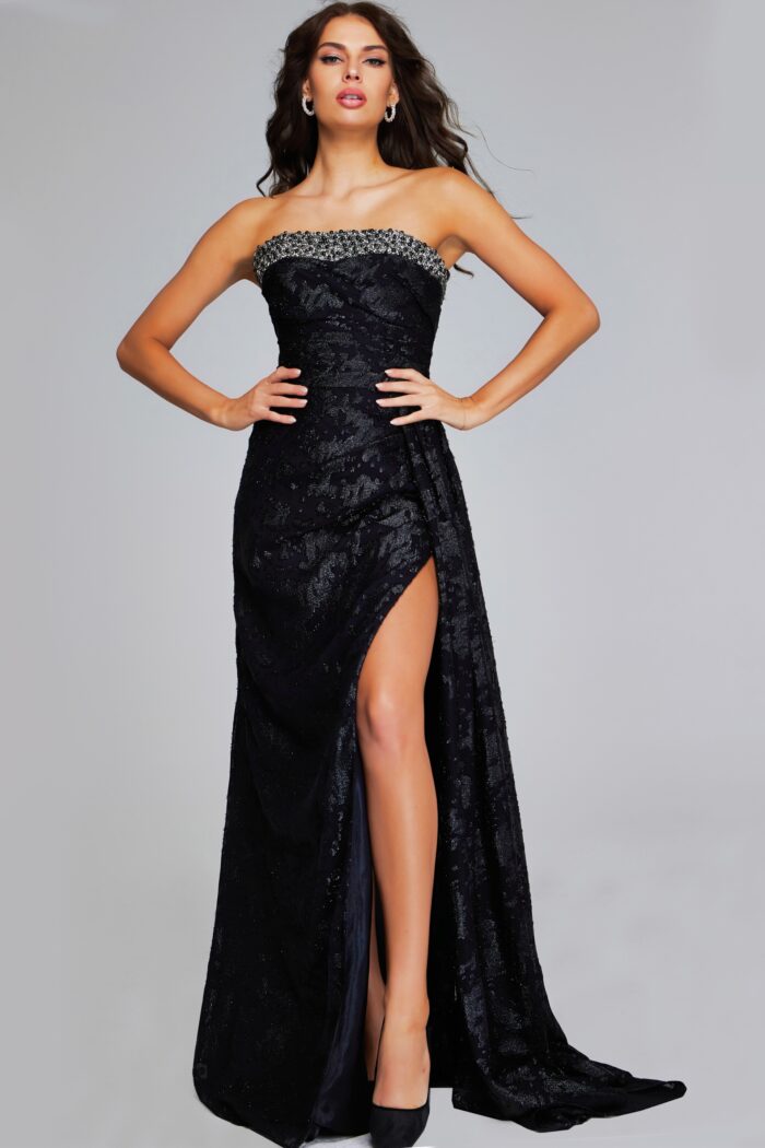 Formal Dresses Long Pleated Beaded High Slit Formal Dress Black