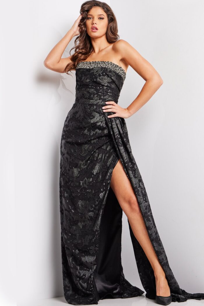 Formal Dresses Long Pleated Beaded High Slit Formal Dress Black