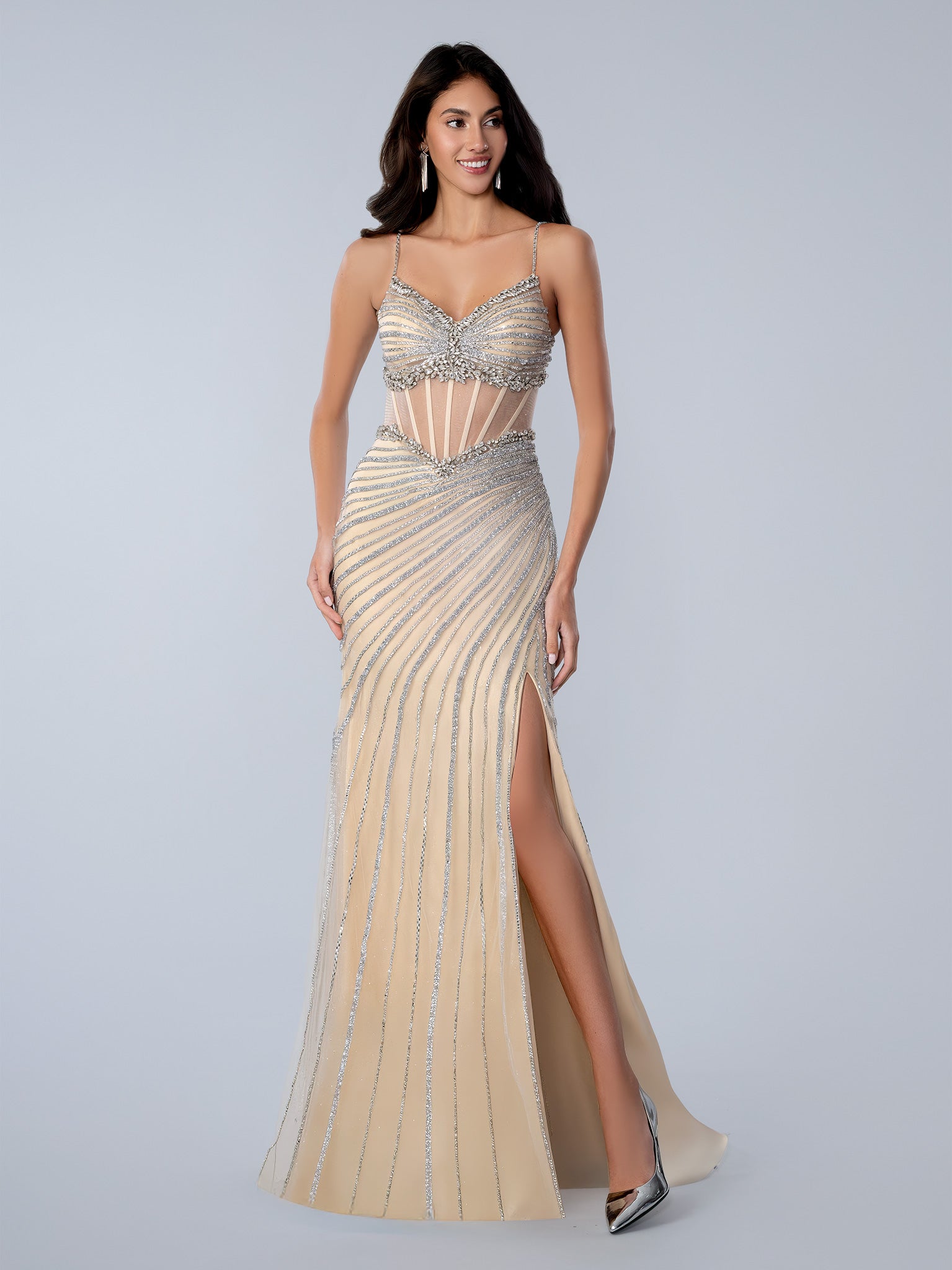Prom Dresses Corset Long Formal Sequin Prom Dress Champagne