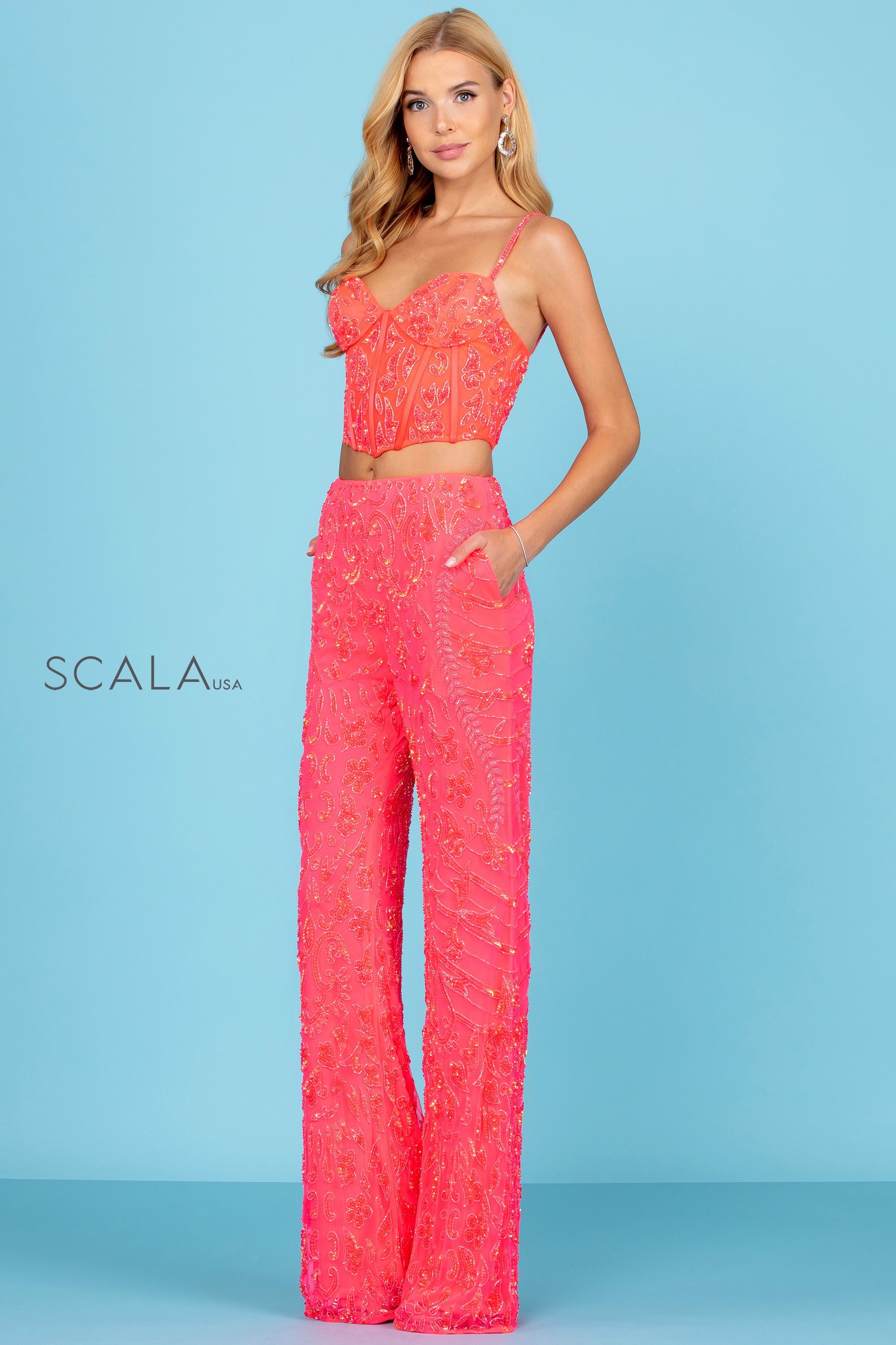 Sweetheart Crop Top Wide-Leg Beaded Pant Suit by Scala 60244 in Hot Pink