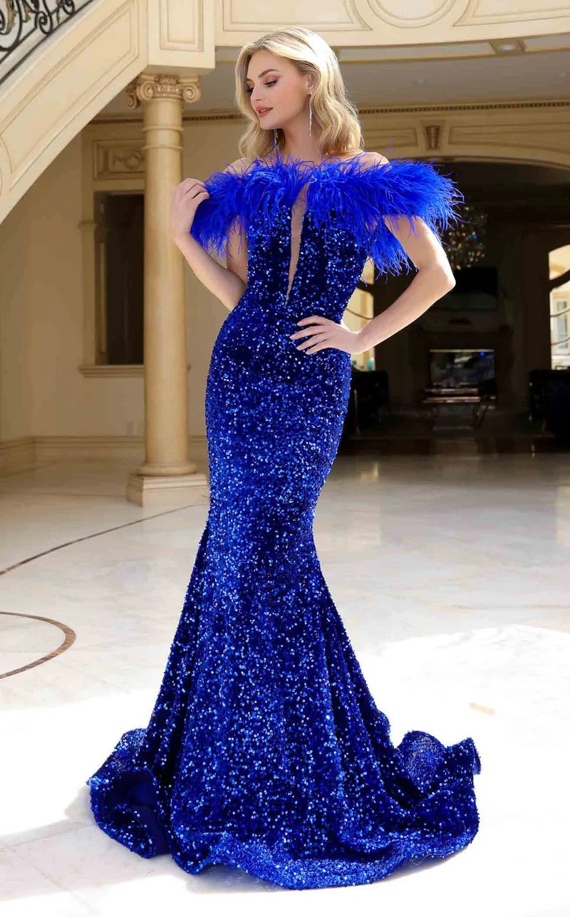 Jessica Angel 2390 Sequin Long Mermaid Formal Feather Prom Dress