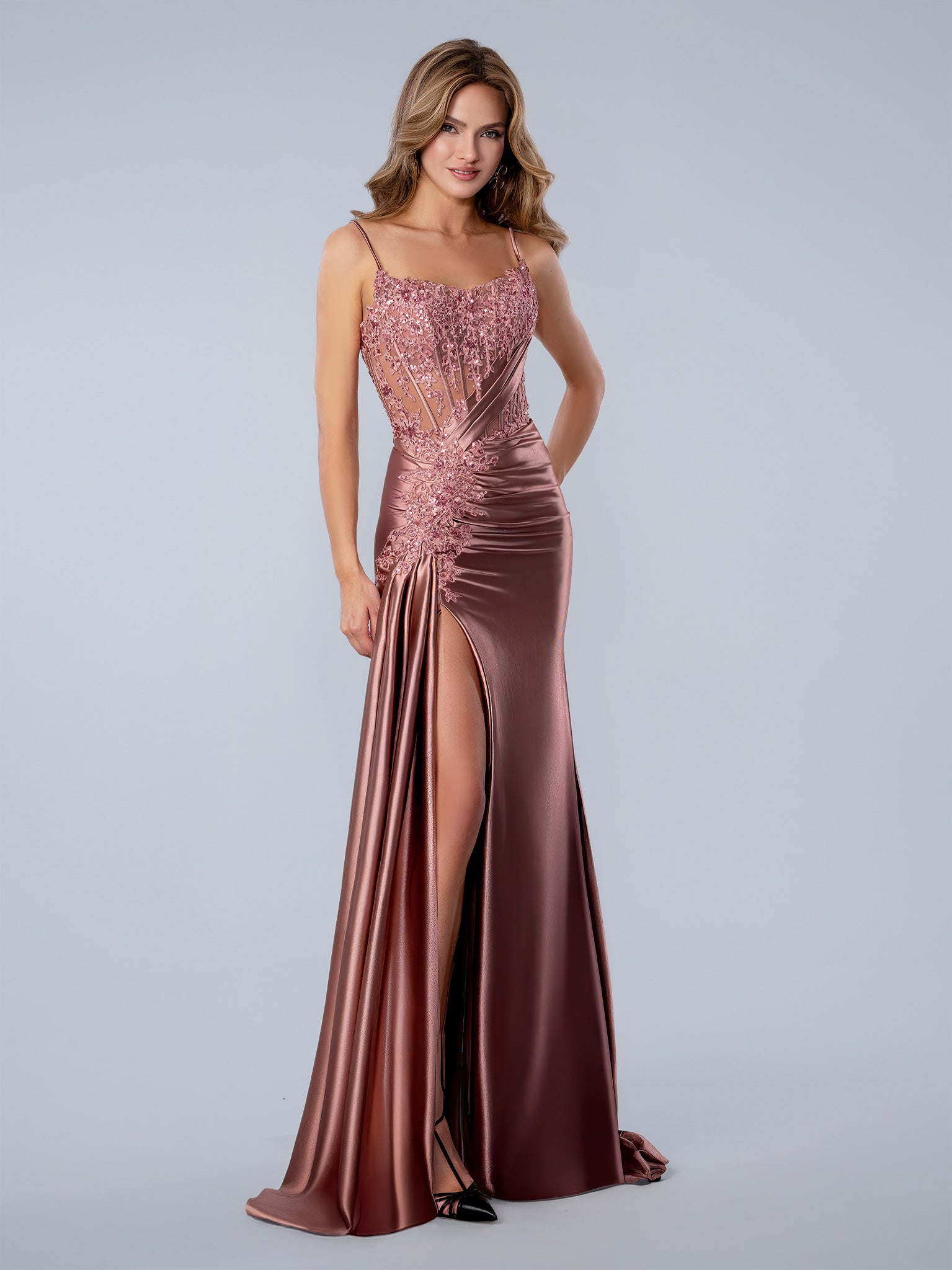 Prom Dresses Beaded Long Formal Lace Prom Dress Rose