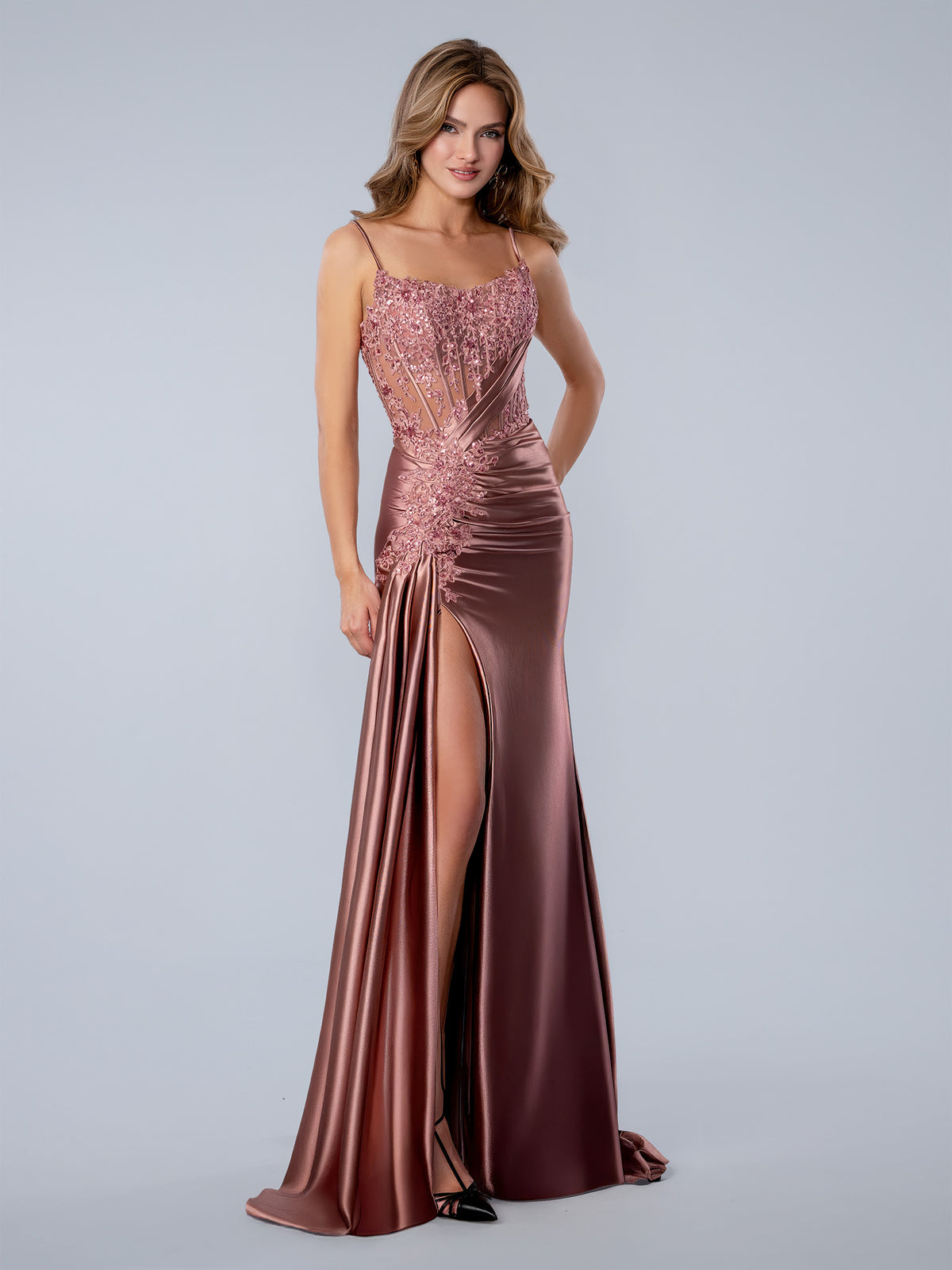 Prom Dresses Beaded Long Formal Lace Prom Dress Rose