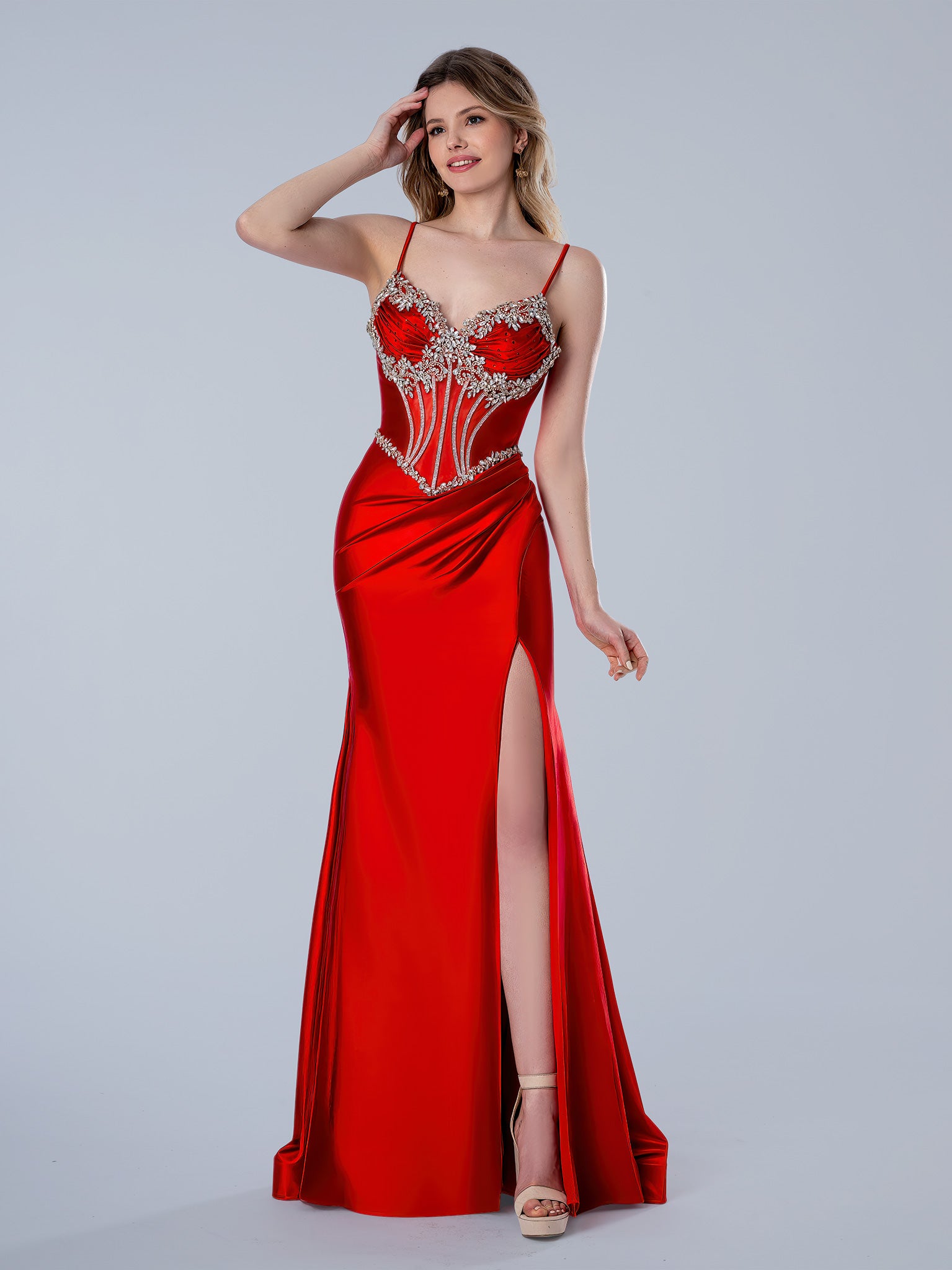 Prom Dresses Beaded Long Formal Fitted Prom Dress Red