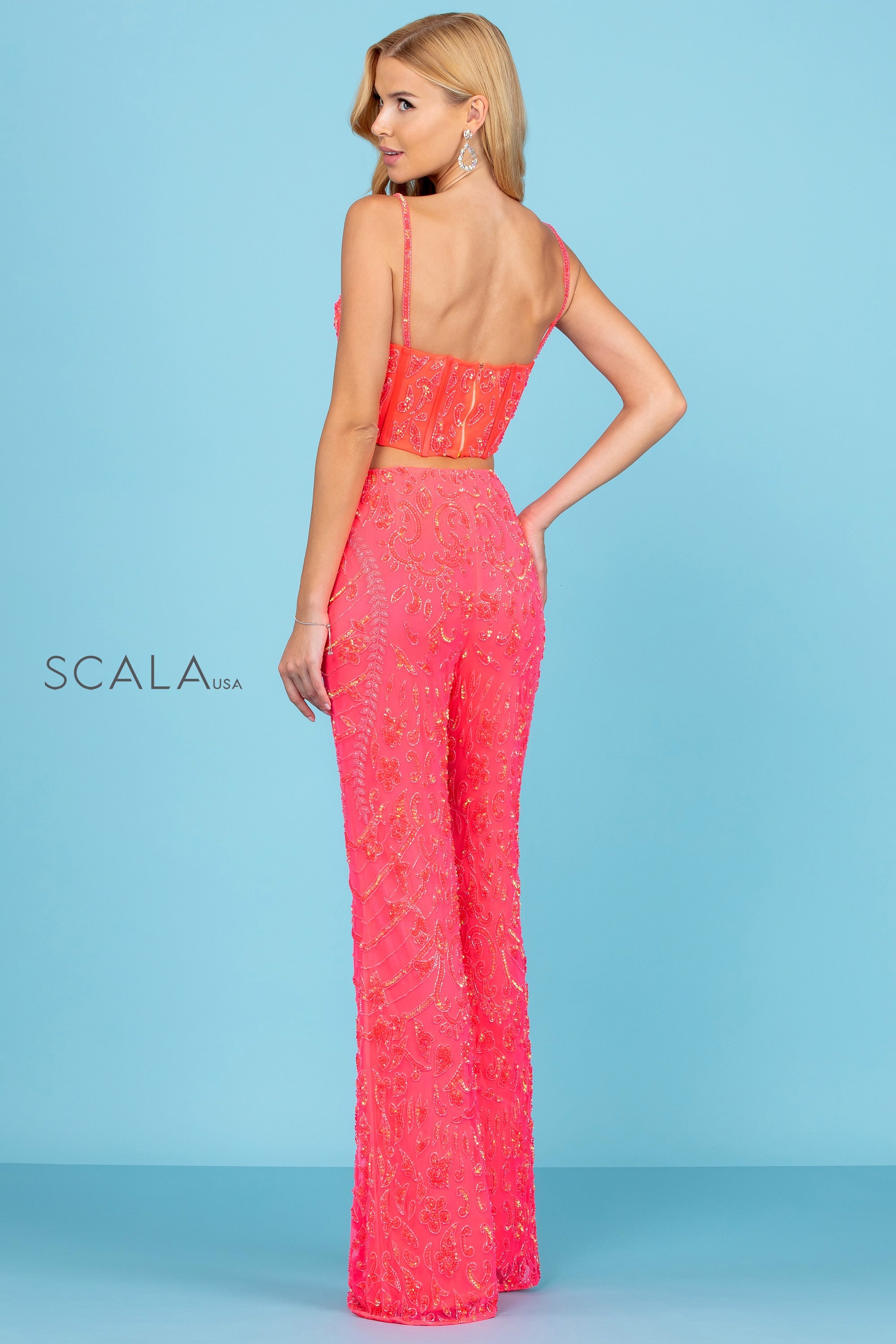 Sweetheart Crop Top Wide-Leg Beaded Pant Suit by Scala 60244 in Hot Pink